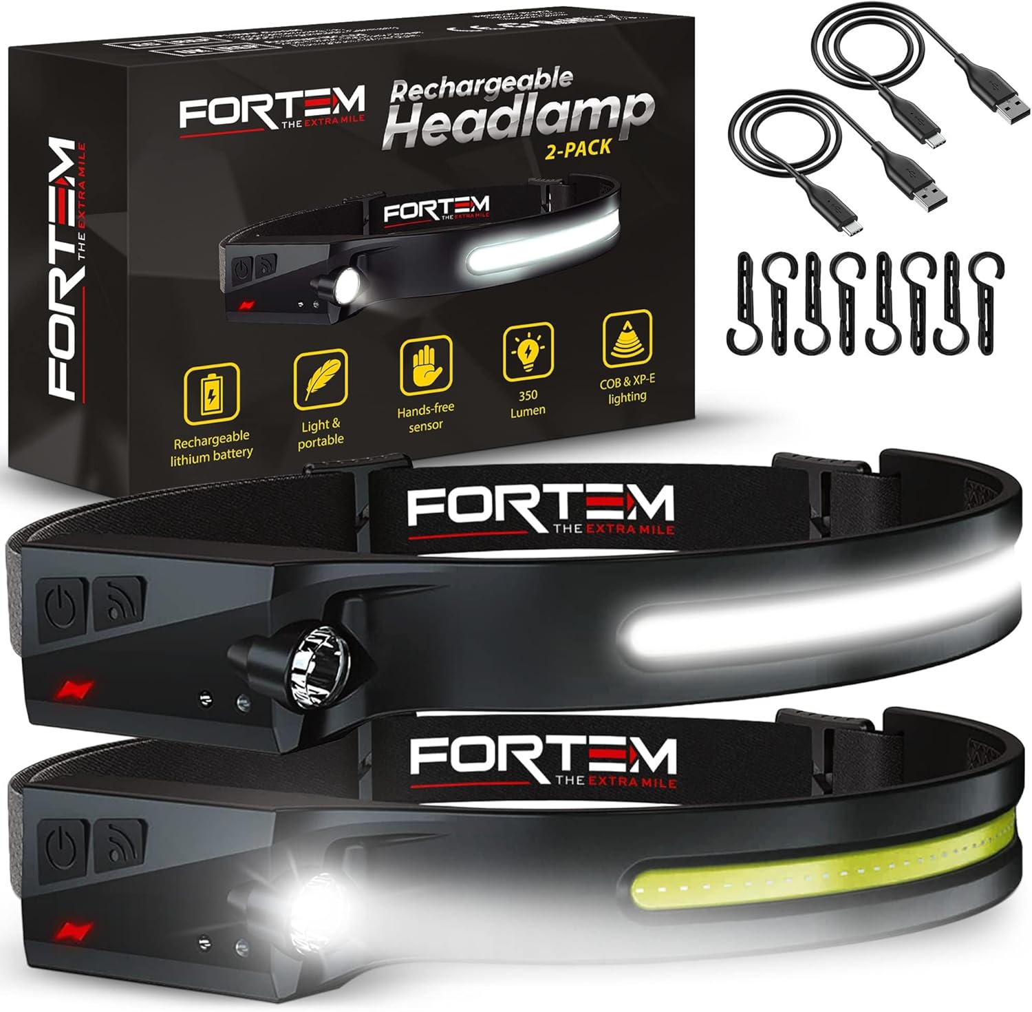 FORTEM Rechargeable Headlamp 2-Pack with Motion Sensor