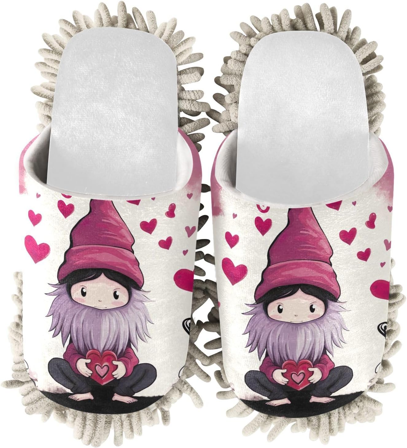 White Gnome Valentine Hearts Mop Slippers Soft Absorbent for Clean Home