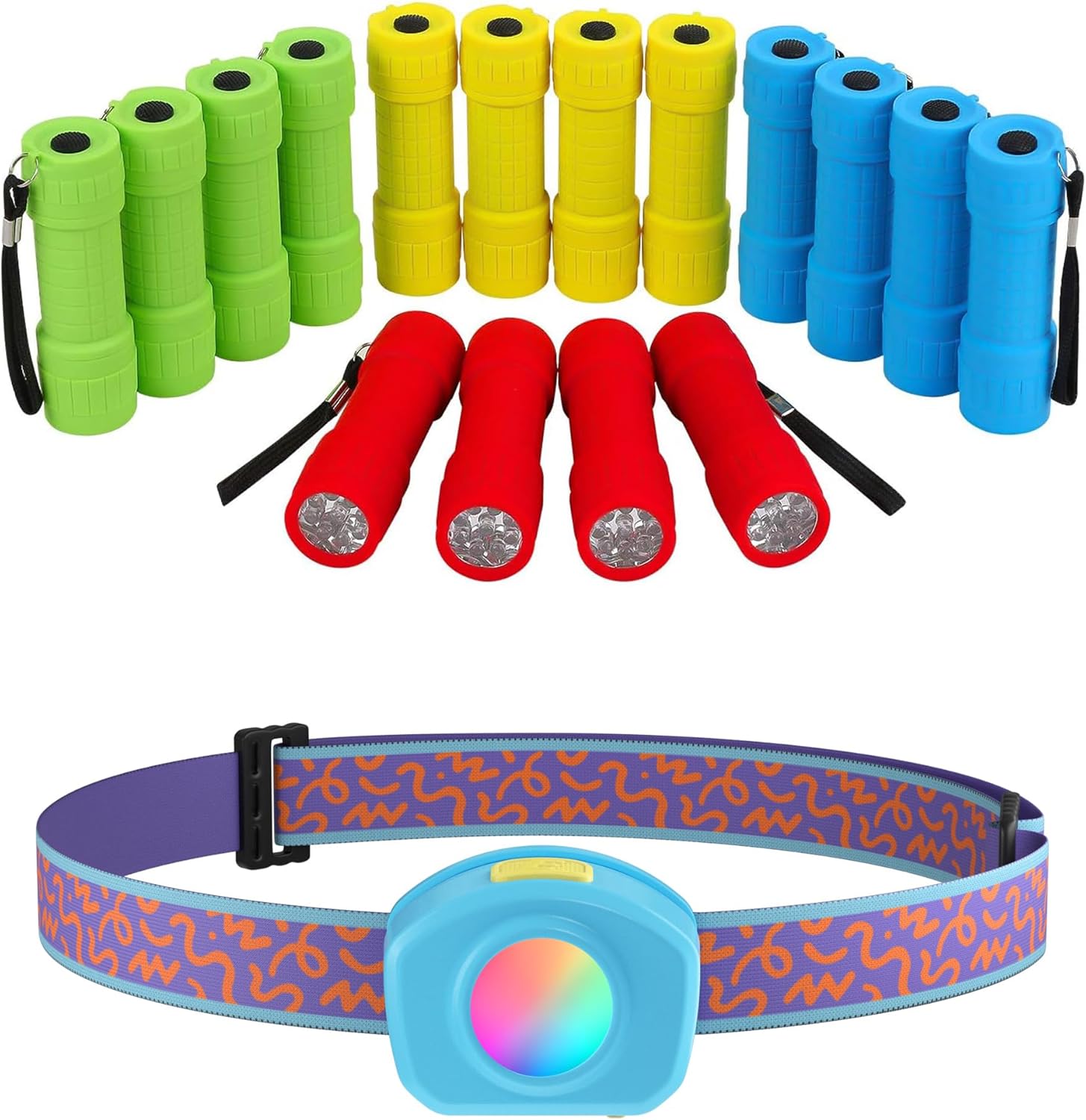 16-Piece LED Flashlight Set Rechargeable Kids Headlamp for Camping