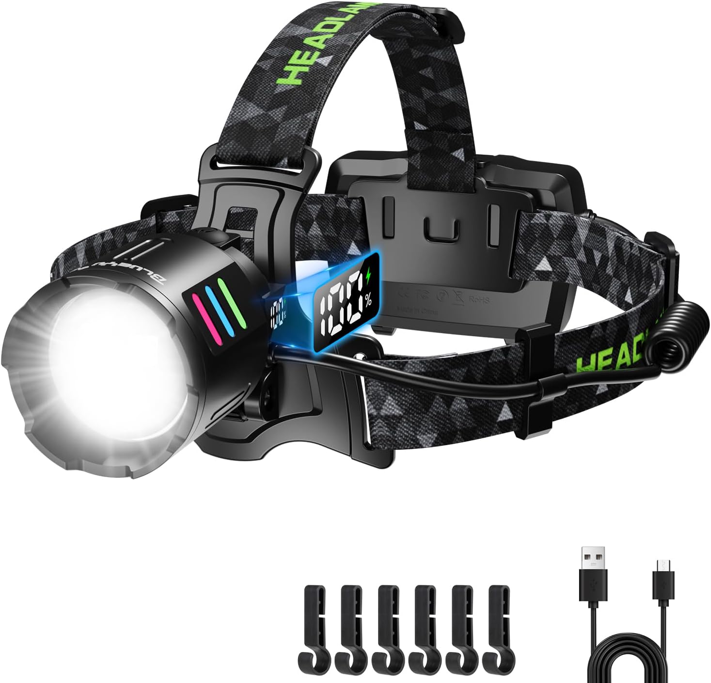 100000lm LED Rechargeable Headlamp with 90 Adjustable Motion Sensor