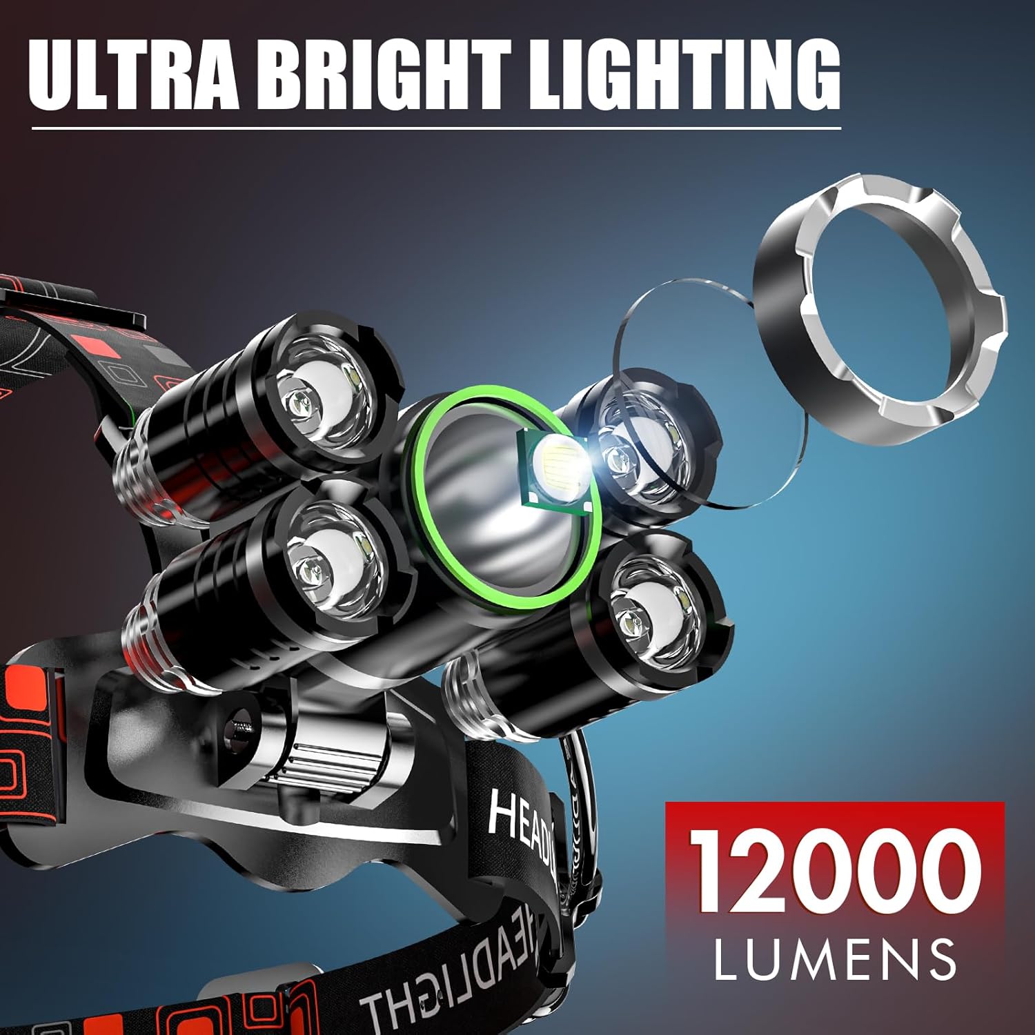 Small Aluminum Headlamp Rechargeable LED Waterproof 12000 Lumens