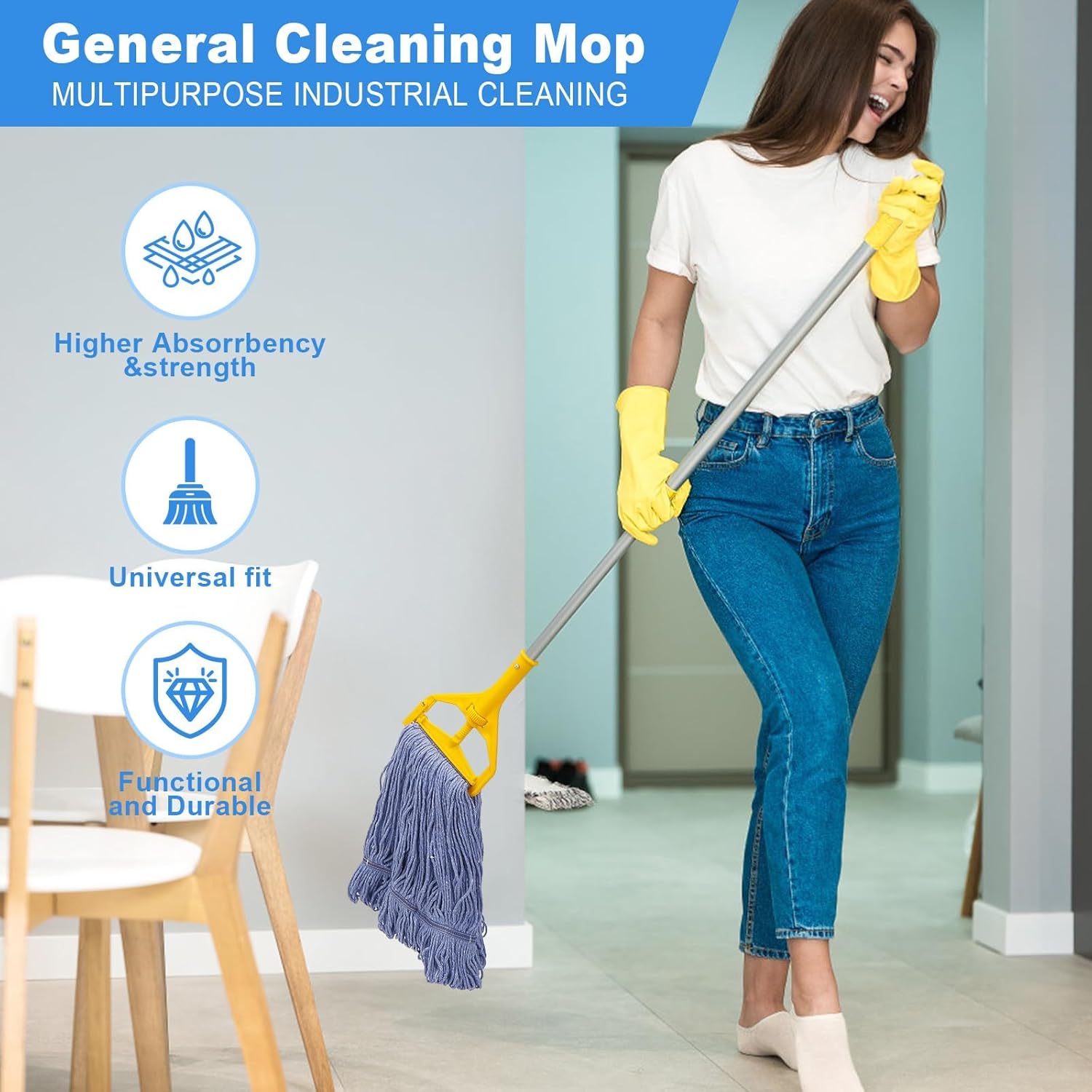 3-Piece Heavy Duty Mop Heads Blue Cotton Replacement Commercial Grade