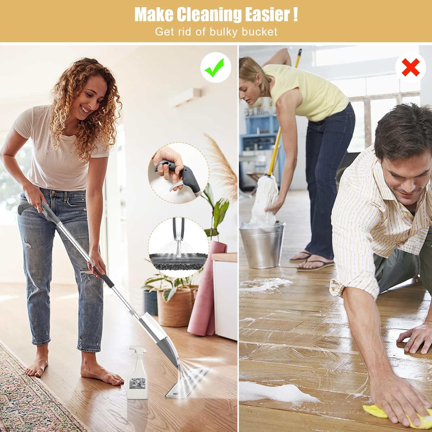 Microfiber Wet Mop with 3 Washable Pads and Refillable Bottle