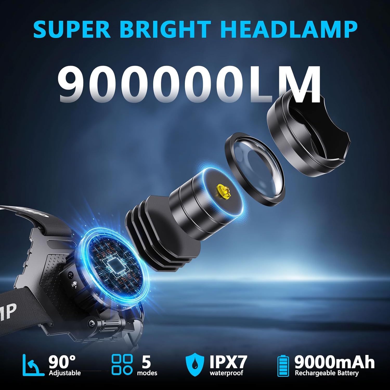 900000 Lumens LED Headlamp strobe mode waterproof adjustable arging