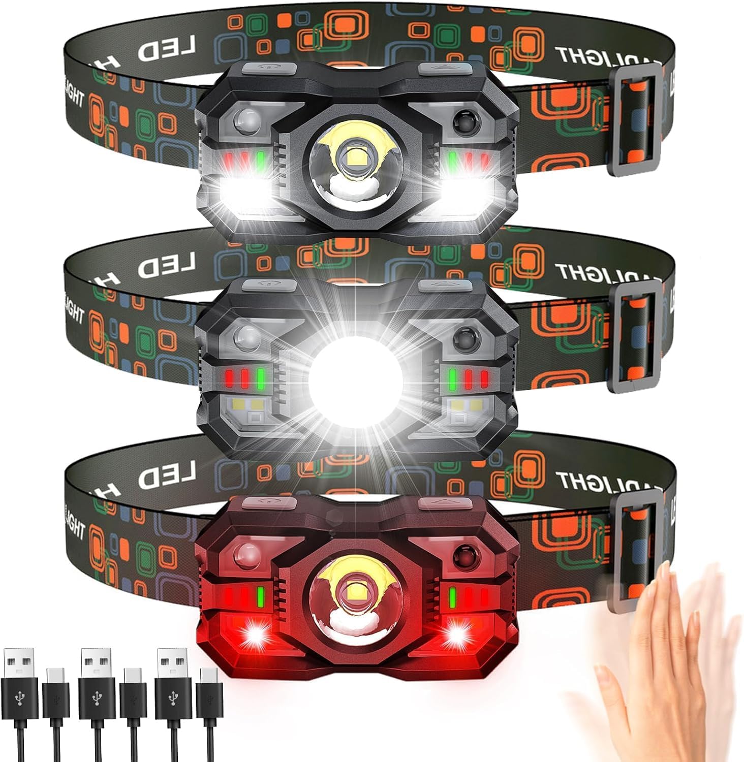 Sogdeco 3-Pack Rechargeable Headlamp Flashlight 1