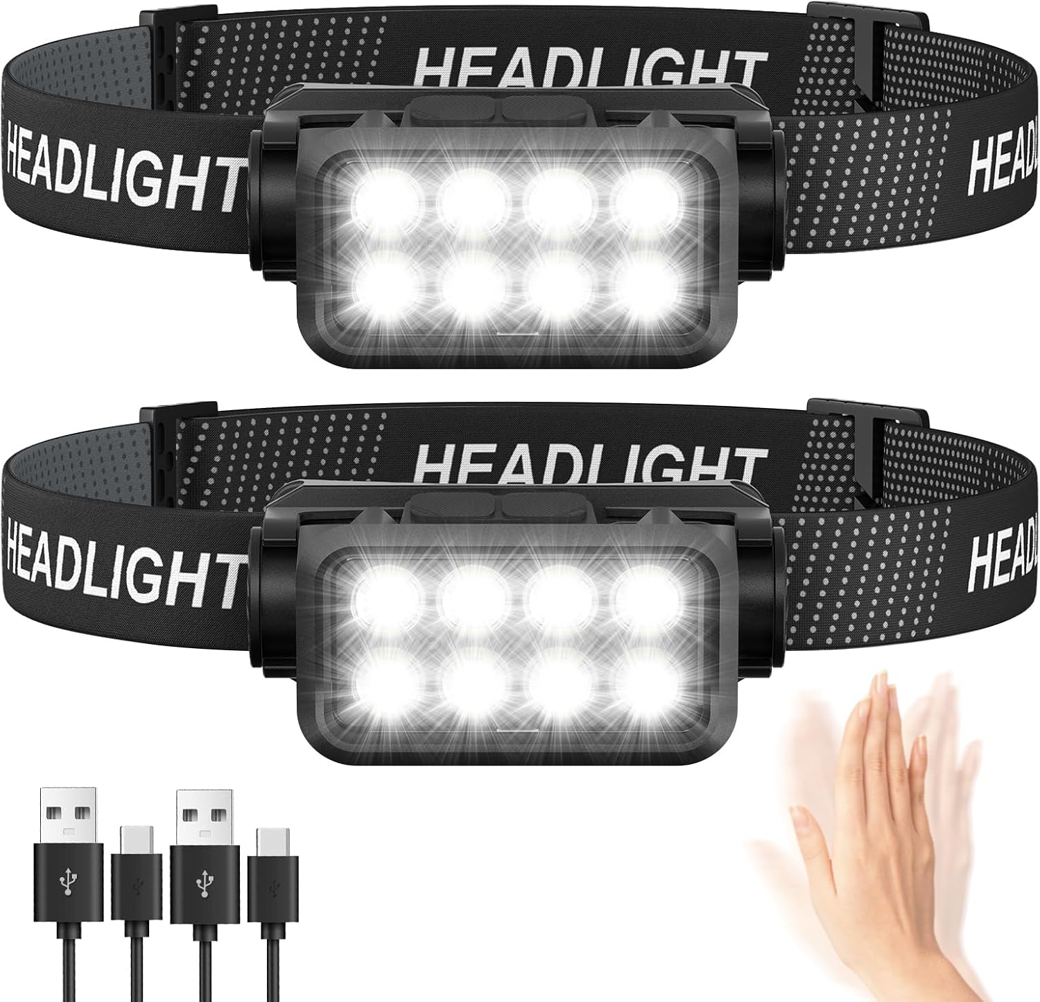 Rechargeable Headlamp 2-Pack 2500 Lumens with Motion Sensor 10 Lighting Modes