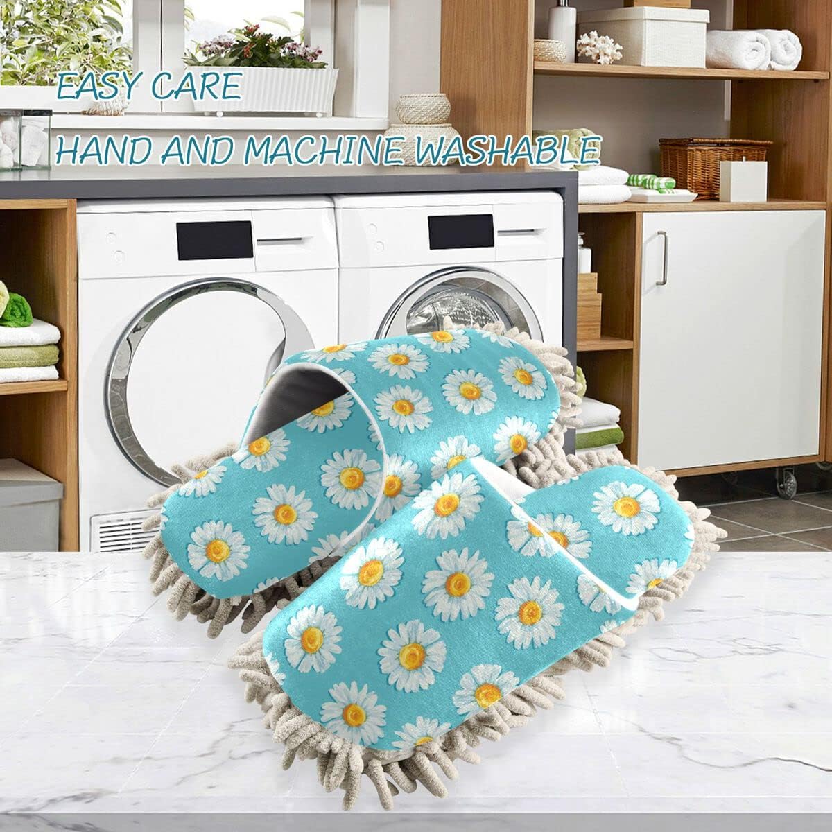 DOMIKING Daisy Flowers Mop Slippers for Cleaning 1
