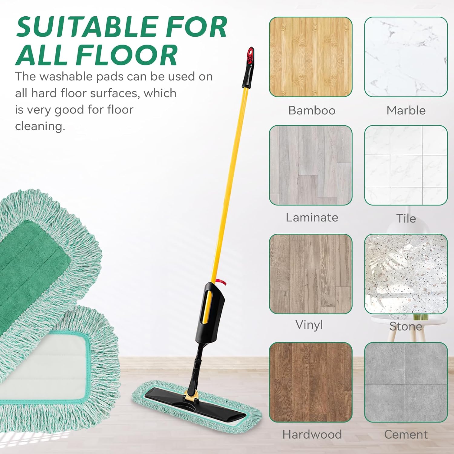 Green Microfiber Dust Mop Pads for Hardwood Tile and Laminate Floors