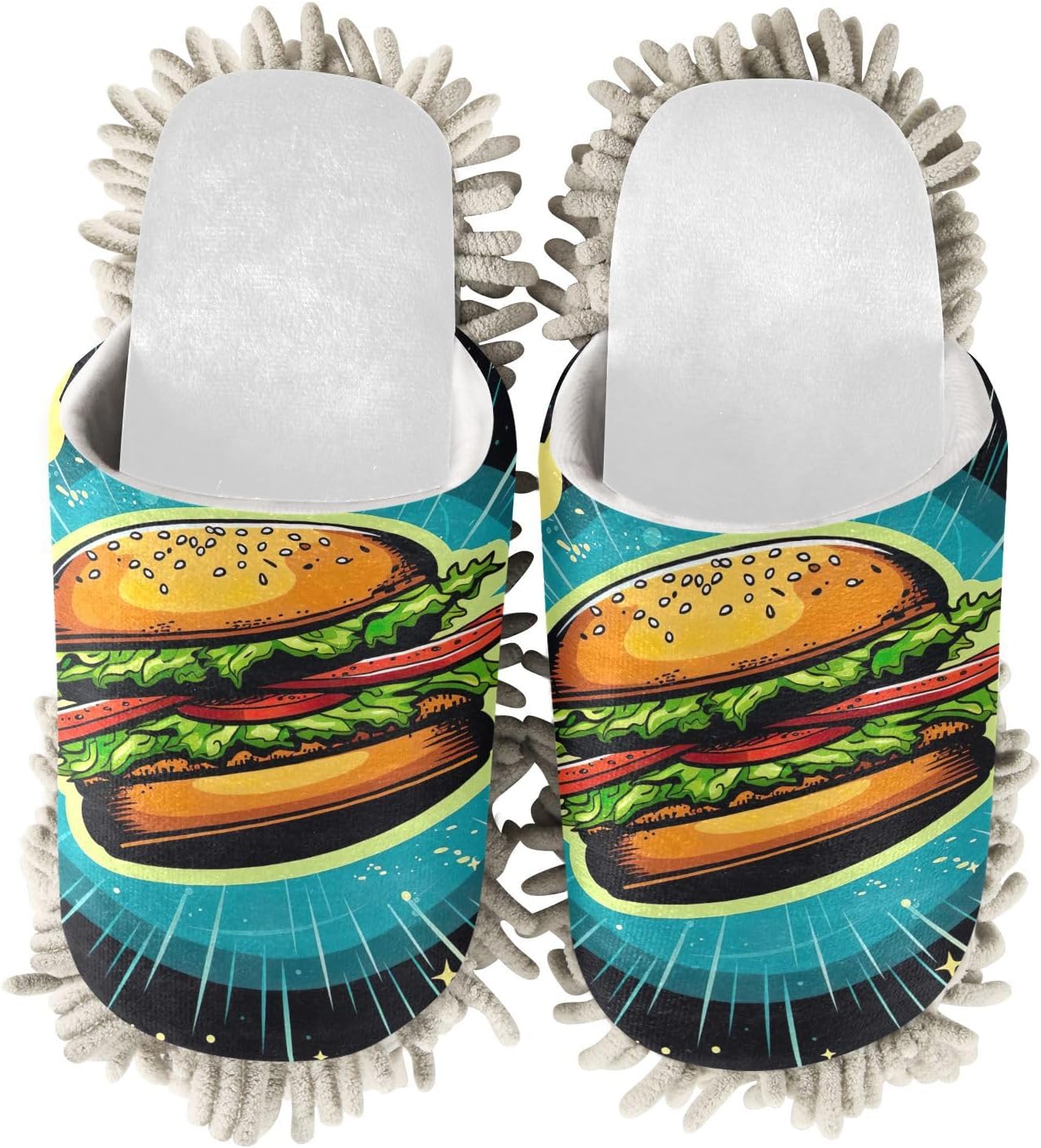 White Hamburger Planets Mop Slippers Cozy Washable Mop Slippers for Home Office