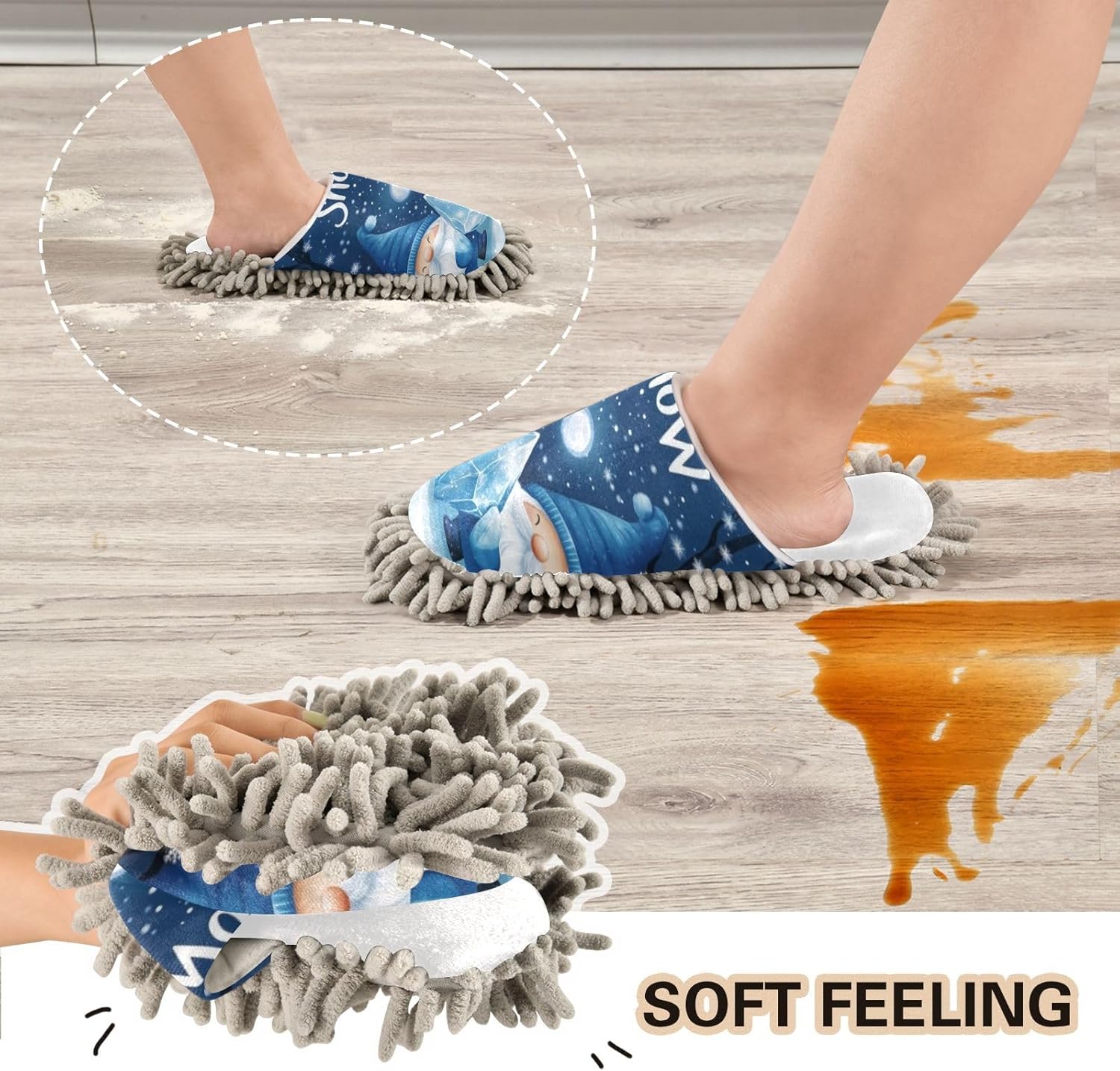 White Christmas Blue Gnomes Mop Slippers for Home Cozy Water-Friendly