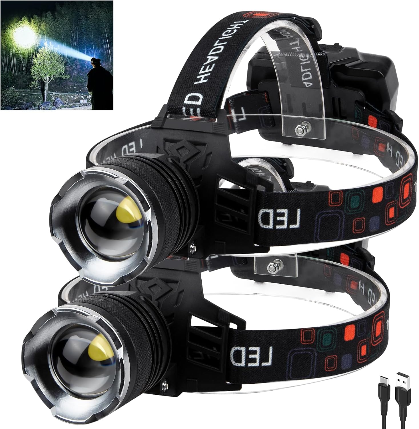 100000 Lumens Adjustable Rechargeable Headlamp