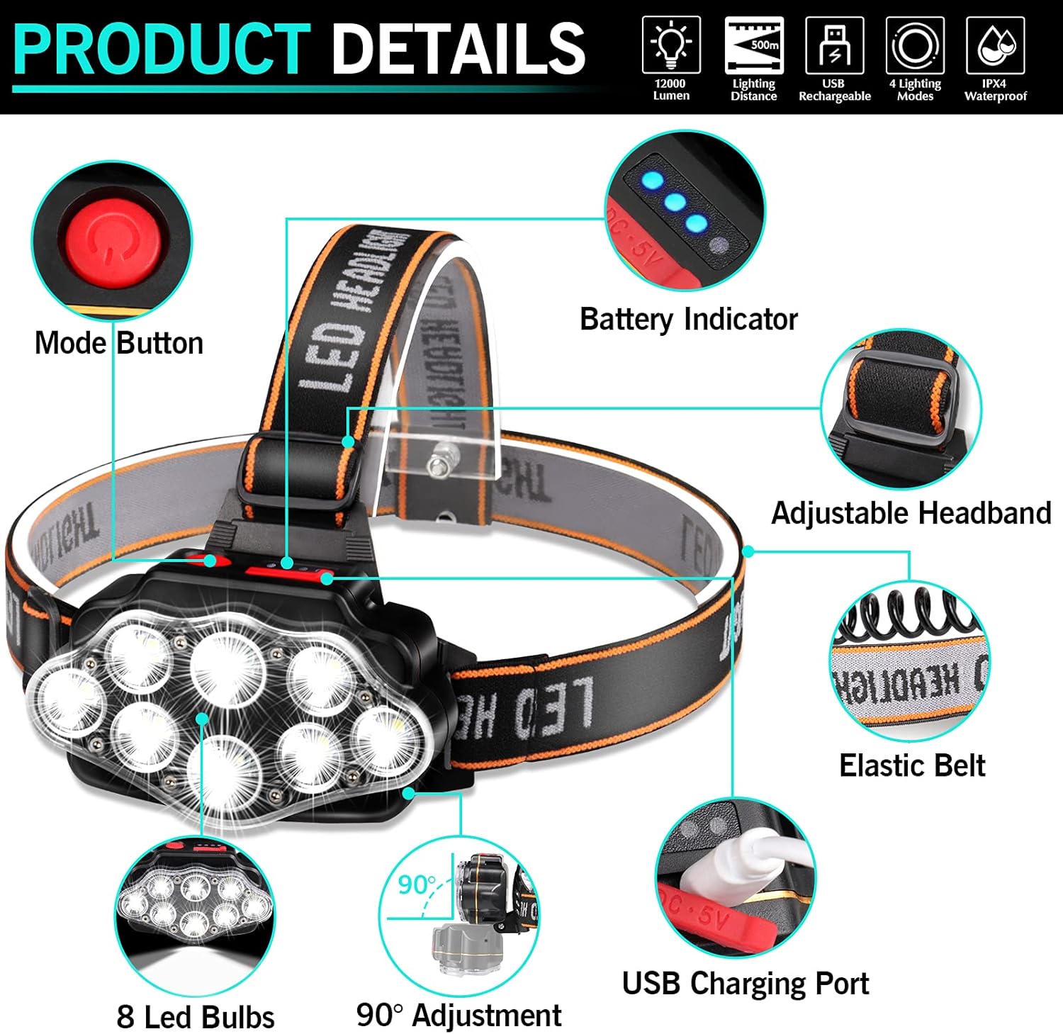 DAWINSIE 8 LED Rechargeable Headlamp Waterproof 4 Lighting Modes Adjustable Hiking-friendly