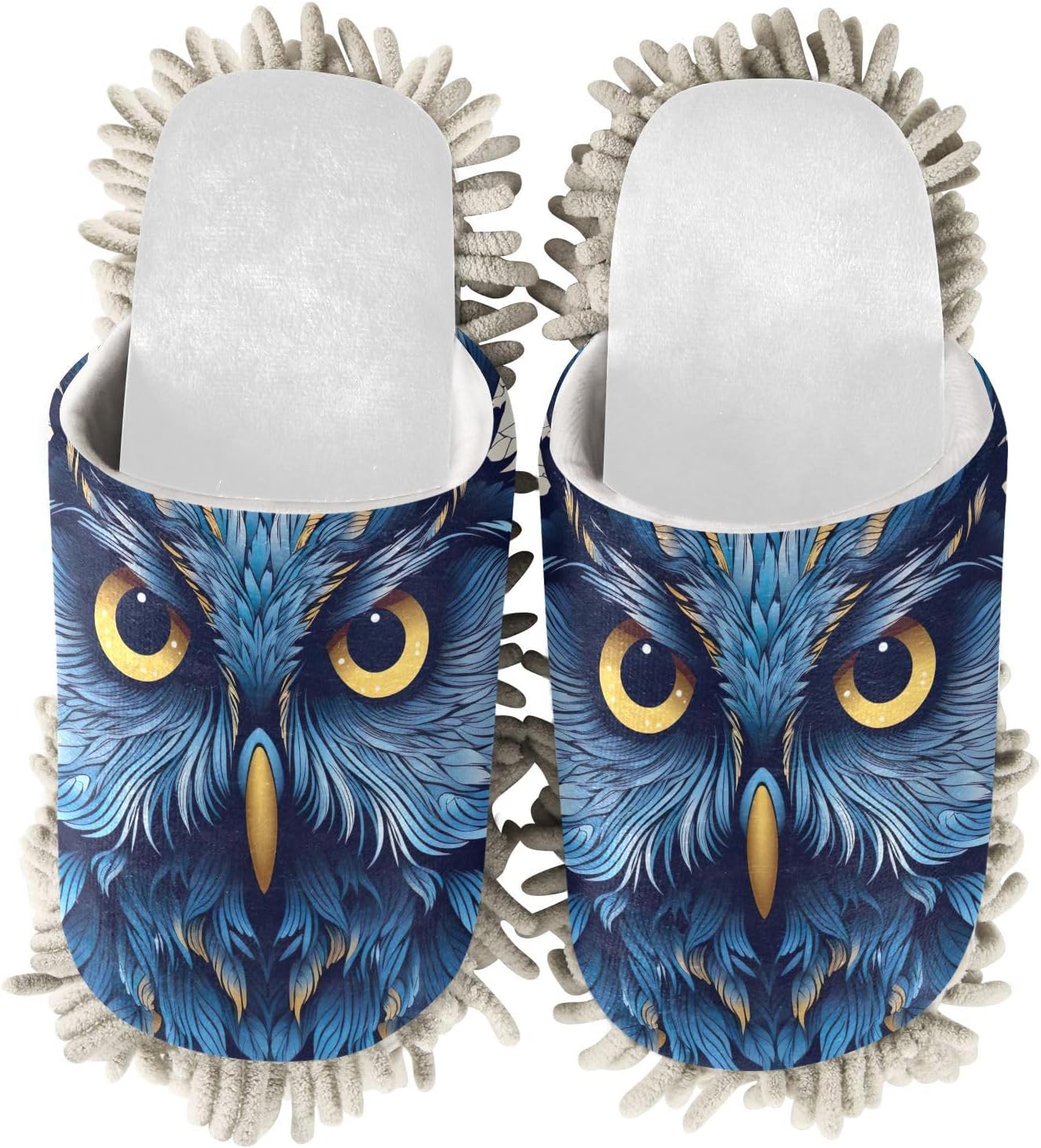 White Blue Owl Face Mop Slippers for Home and Office