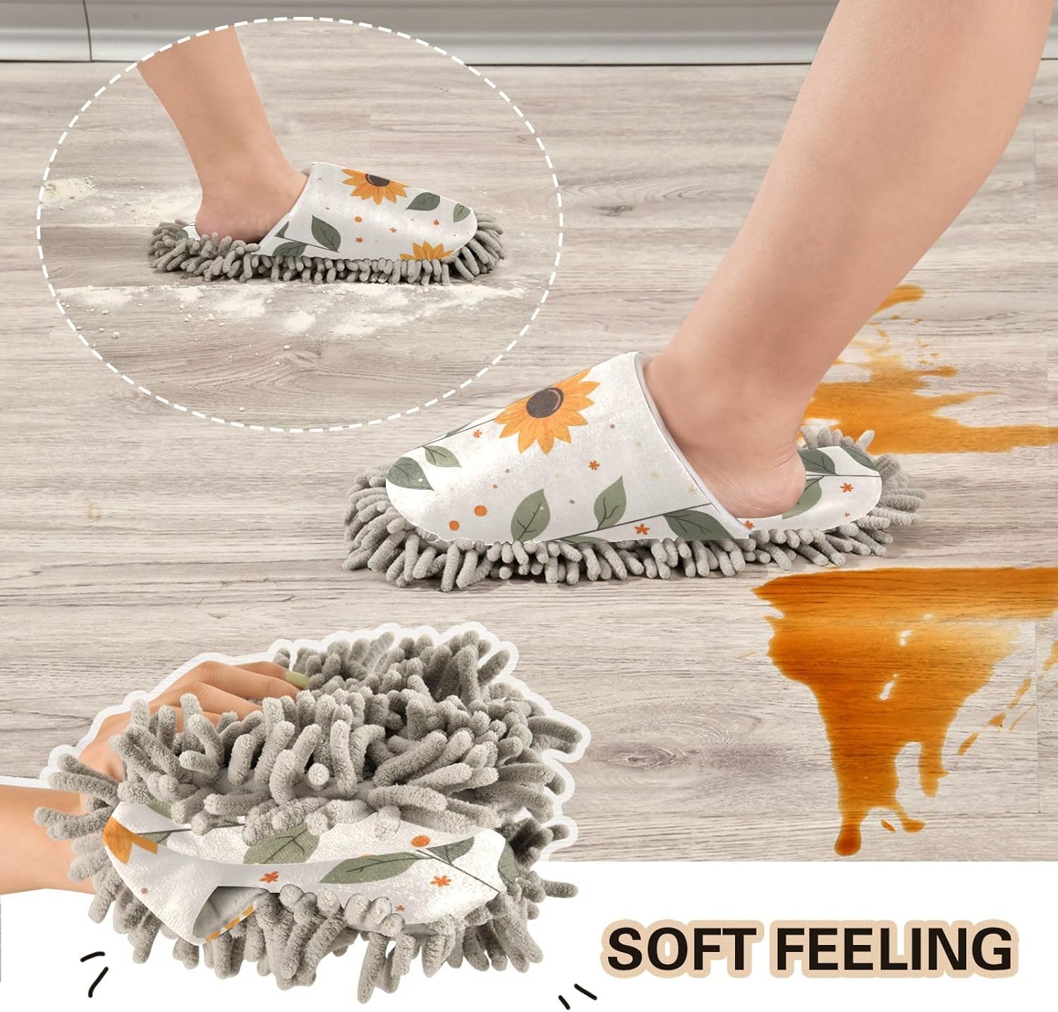 Cute Sunflower Washable Mop Slippers for MenWomen Size L
