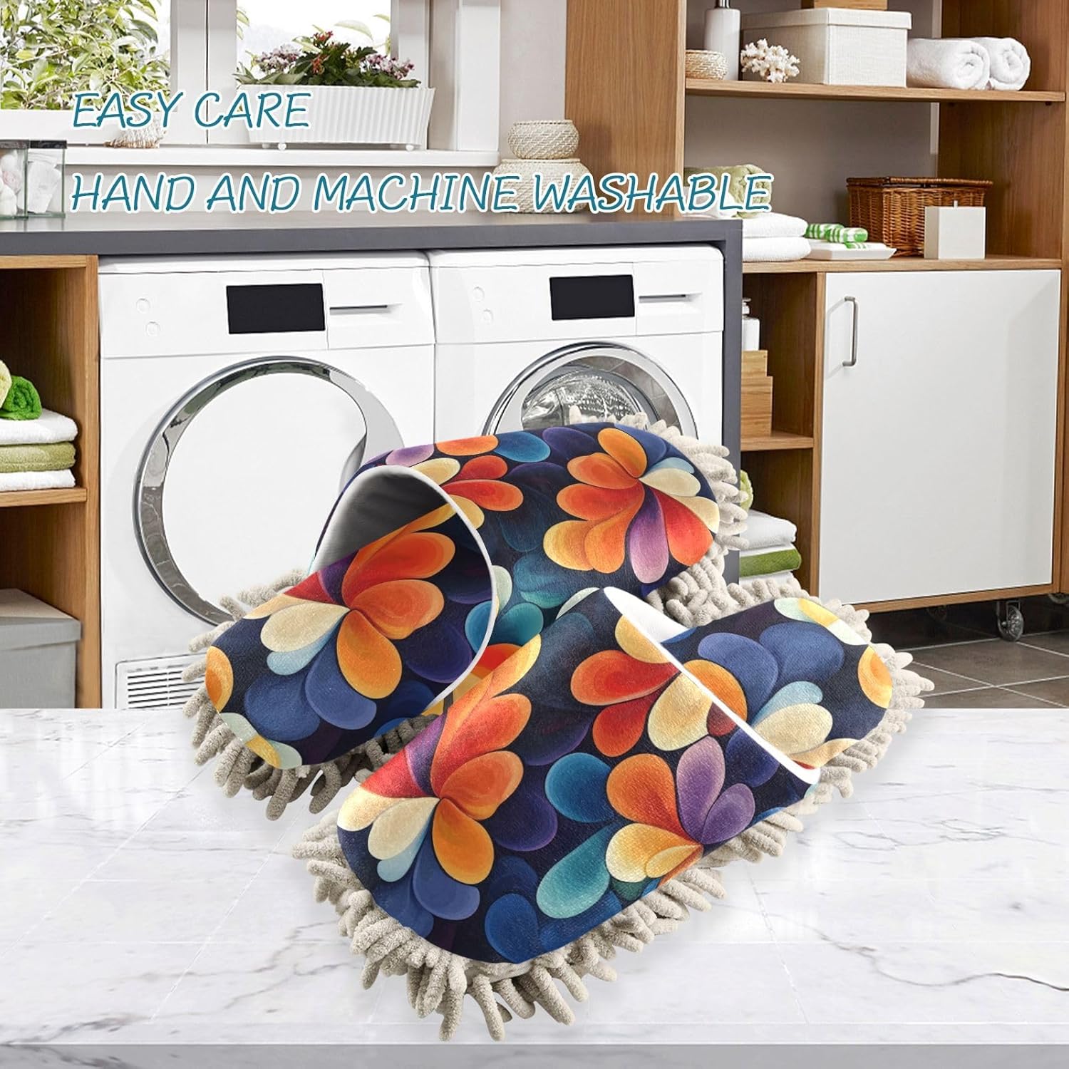 FLildon Microfiber Mop Slippers with Abstract Flowers for Men Women House Cleaning