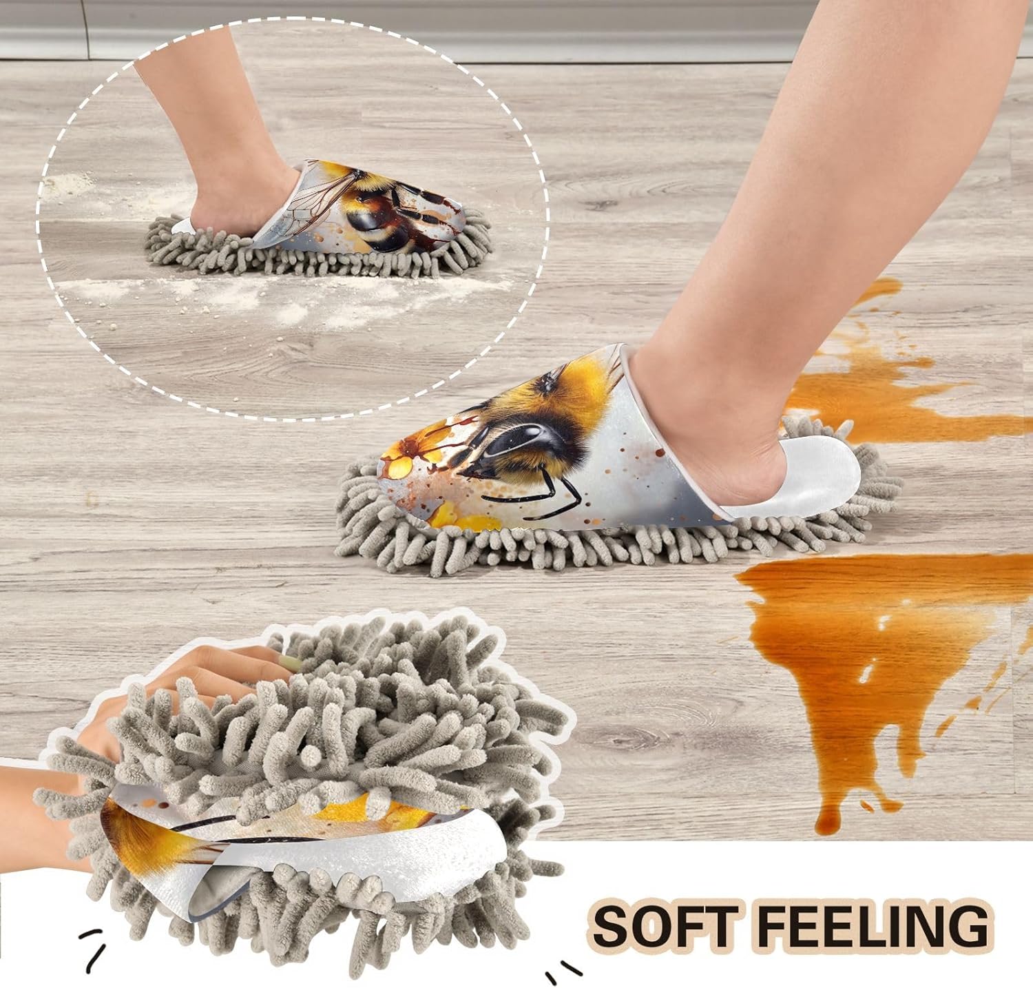 White Bee Yellow Flowers Mop Slippers for Women