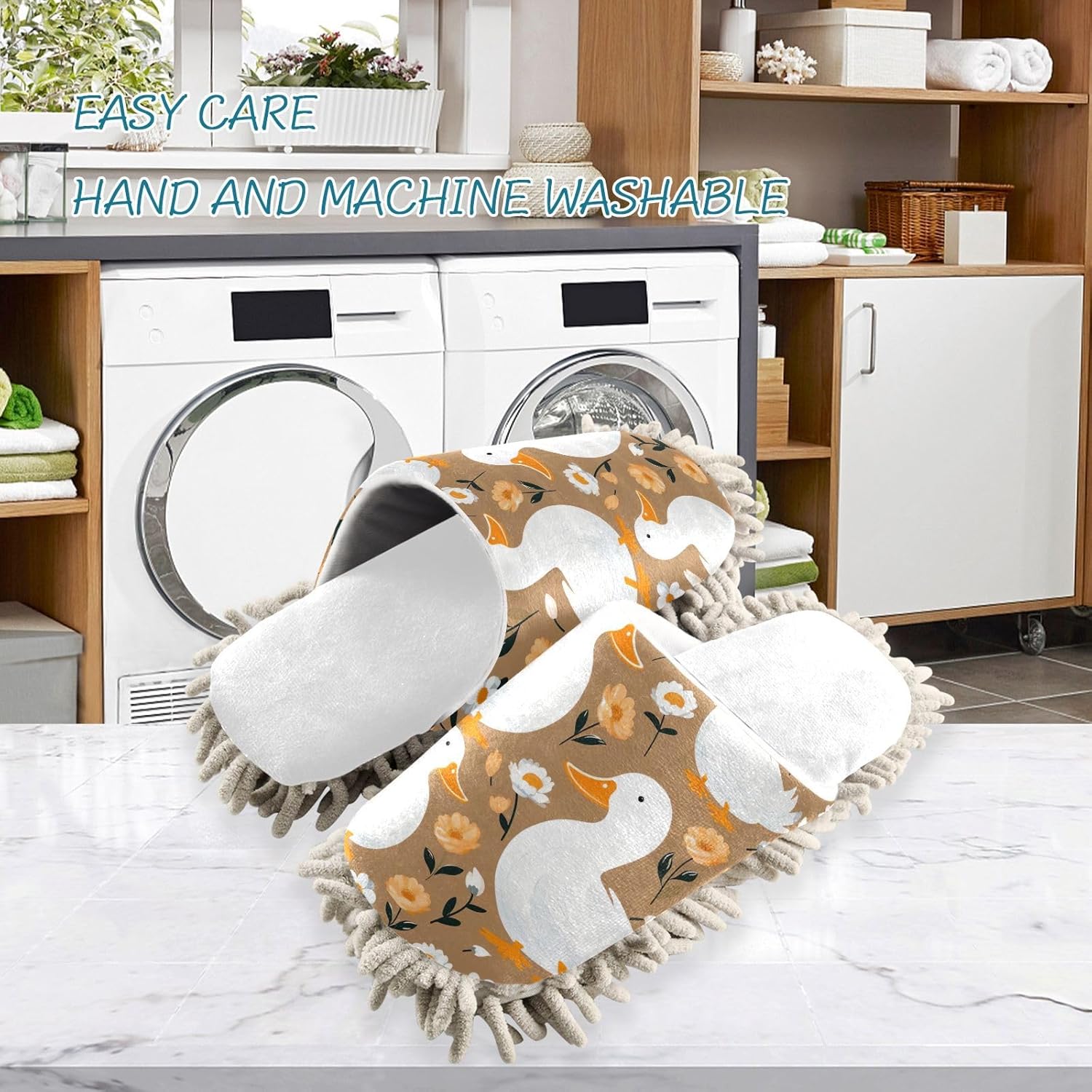 RunningBear White Ducks Mop Slippers for Easy Floor Cleaning