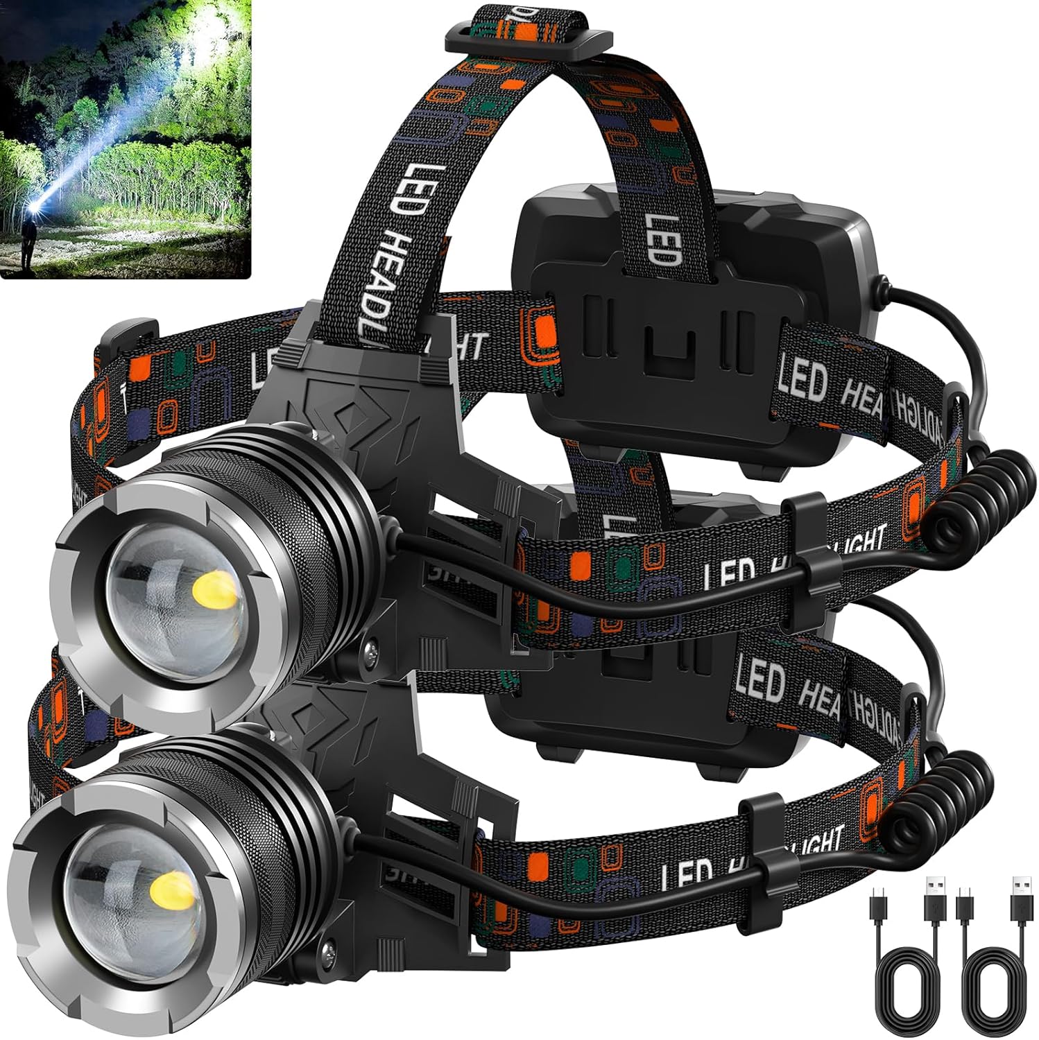 Bright Waterproof Rechargeable Headlamp Set for Camping Hiking