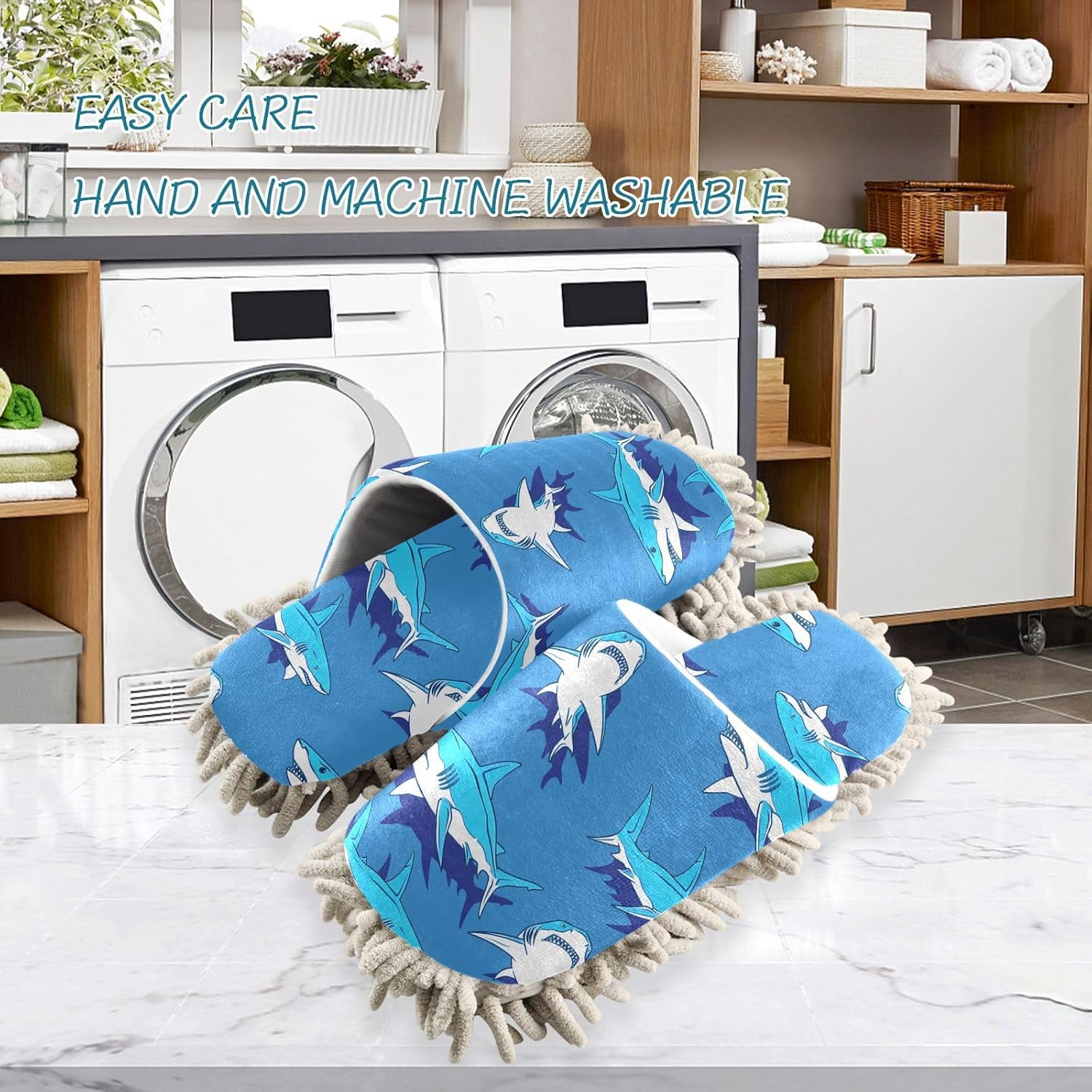 RunningBear Sharks Blue Mop Slippers for Kitchen Cleaning