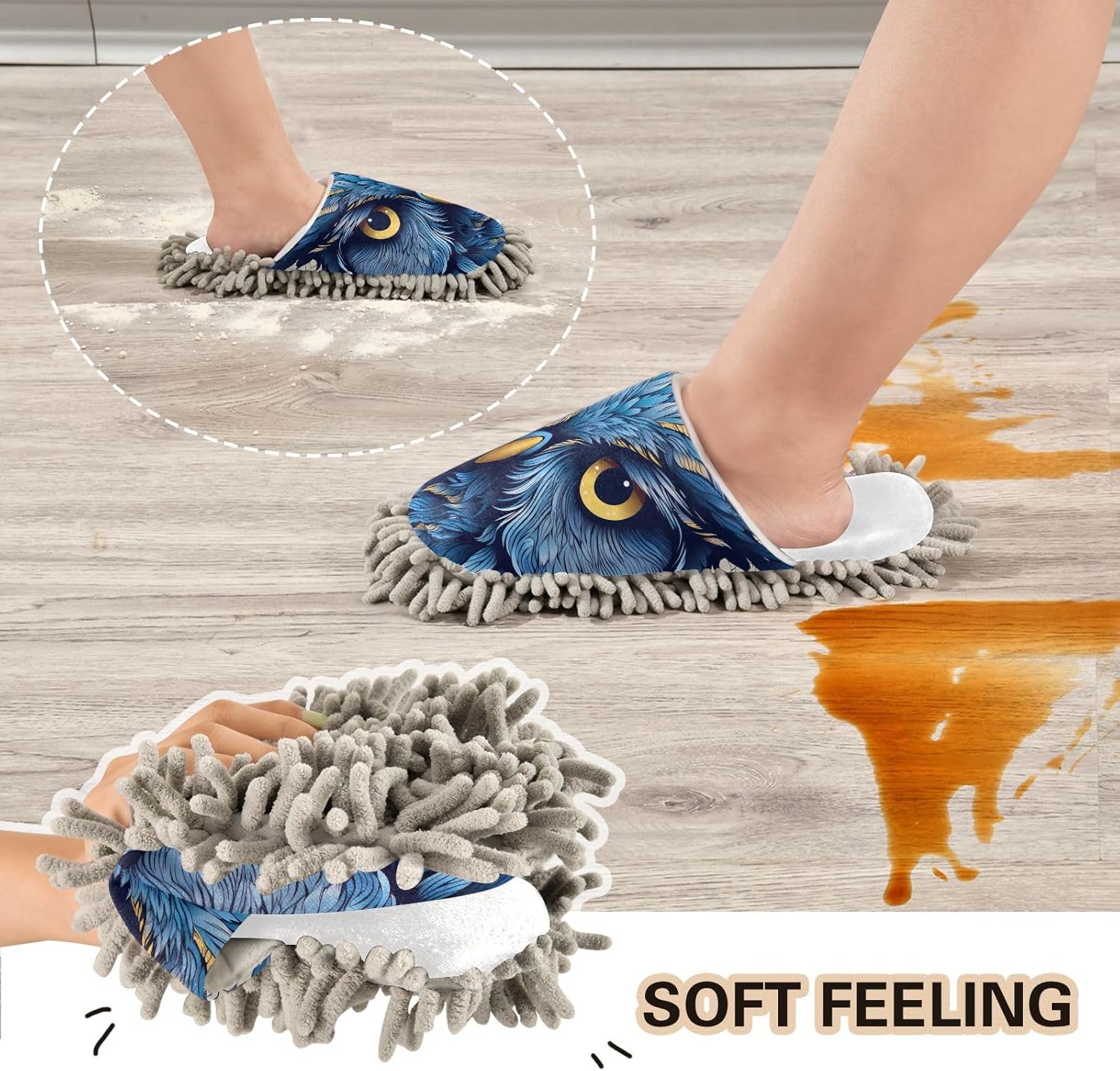 White Blue Owl Face Mop Slippers for Home and Office