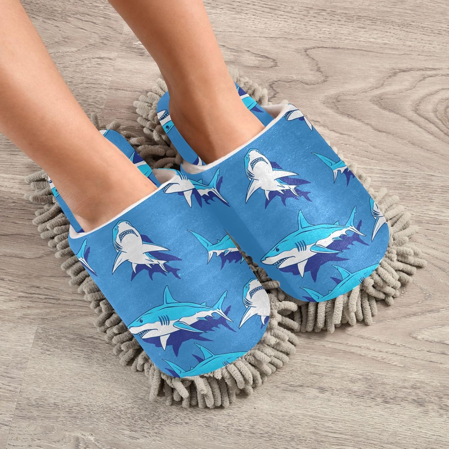 RunningBear Sharks Blue Mop Slippers for Kitchen Cleaning