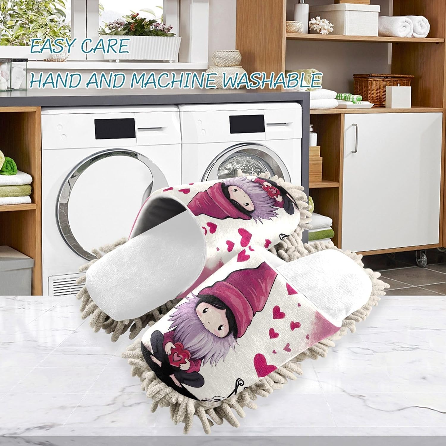 White Gnome Valentine Hearts Mop Slippers Soft Absorbent for Clean Home