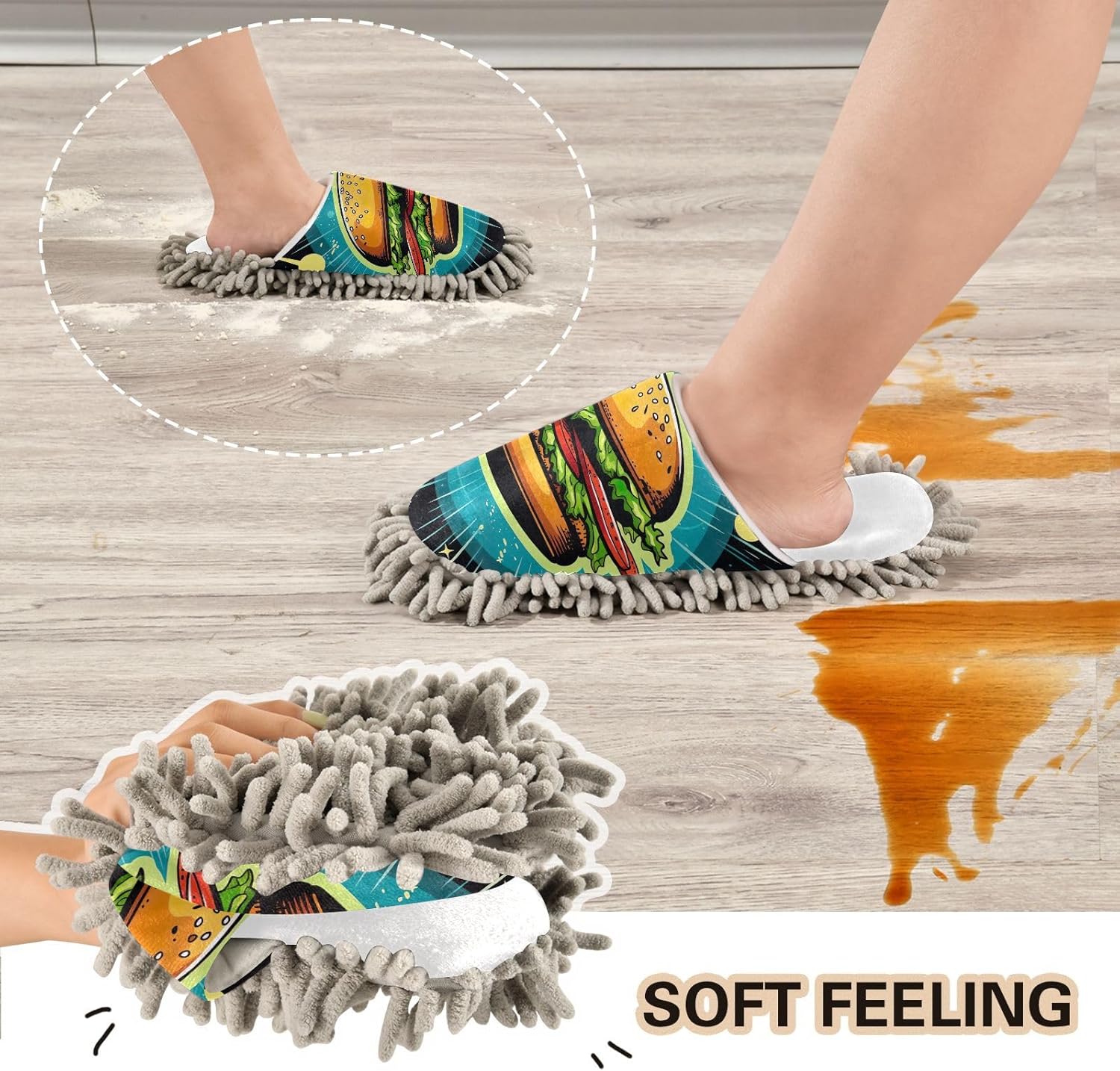 White Hamburger Planets Mop Slippers Cozy Washable Mop Slippers for Home Office