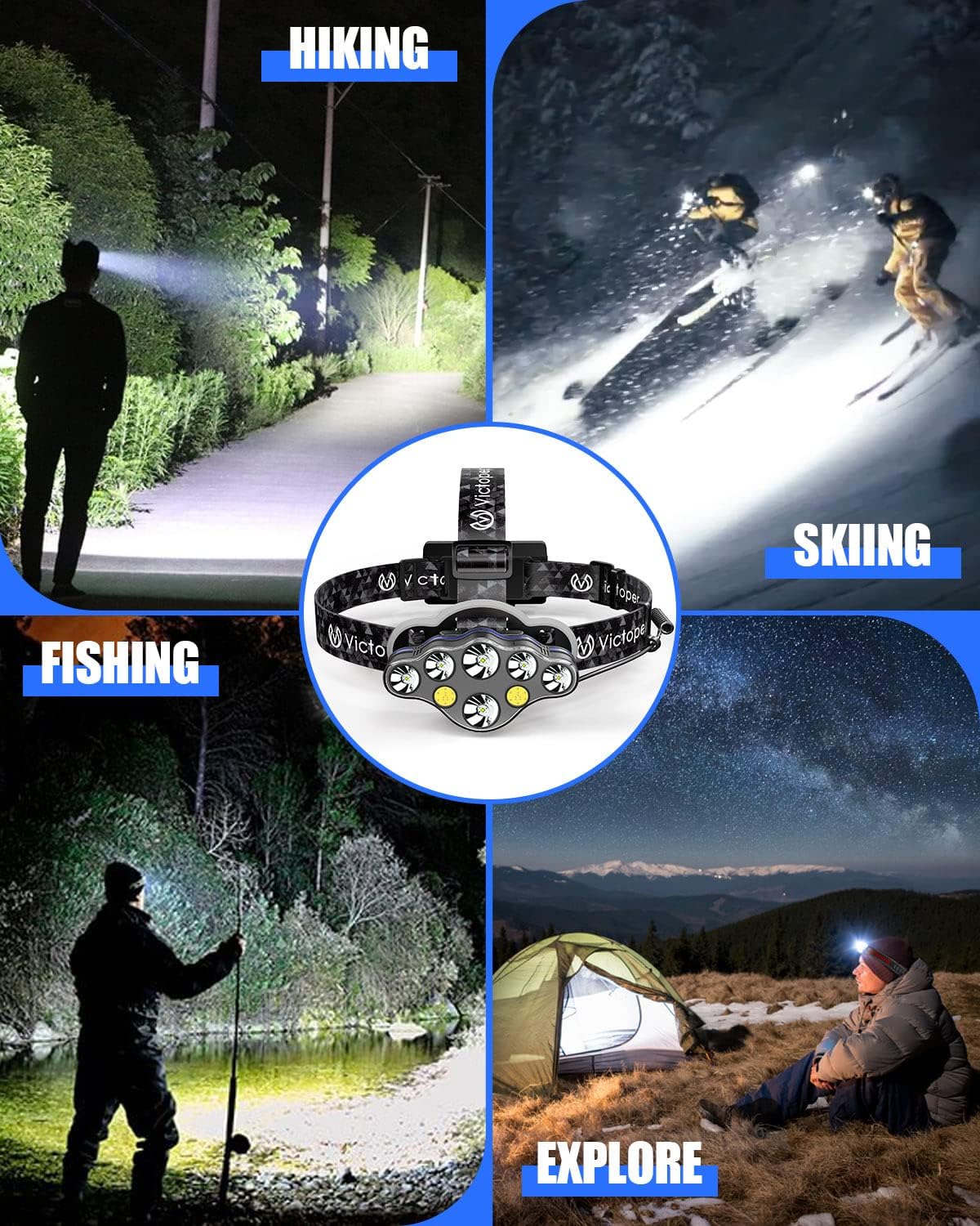 Victoper 8 LED Headlamp 18000 Lumen Waterproof Outdoor Light