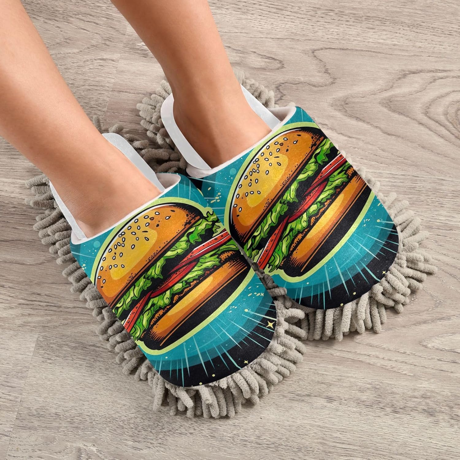 White Hamburger Planets Mop Slippers Cozy Washable Mop Slippers for Home Office