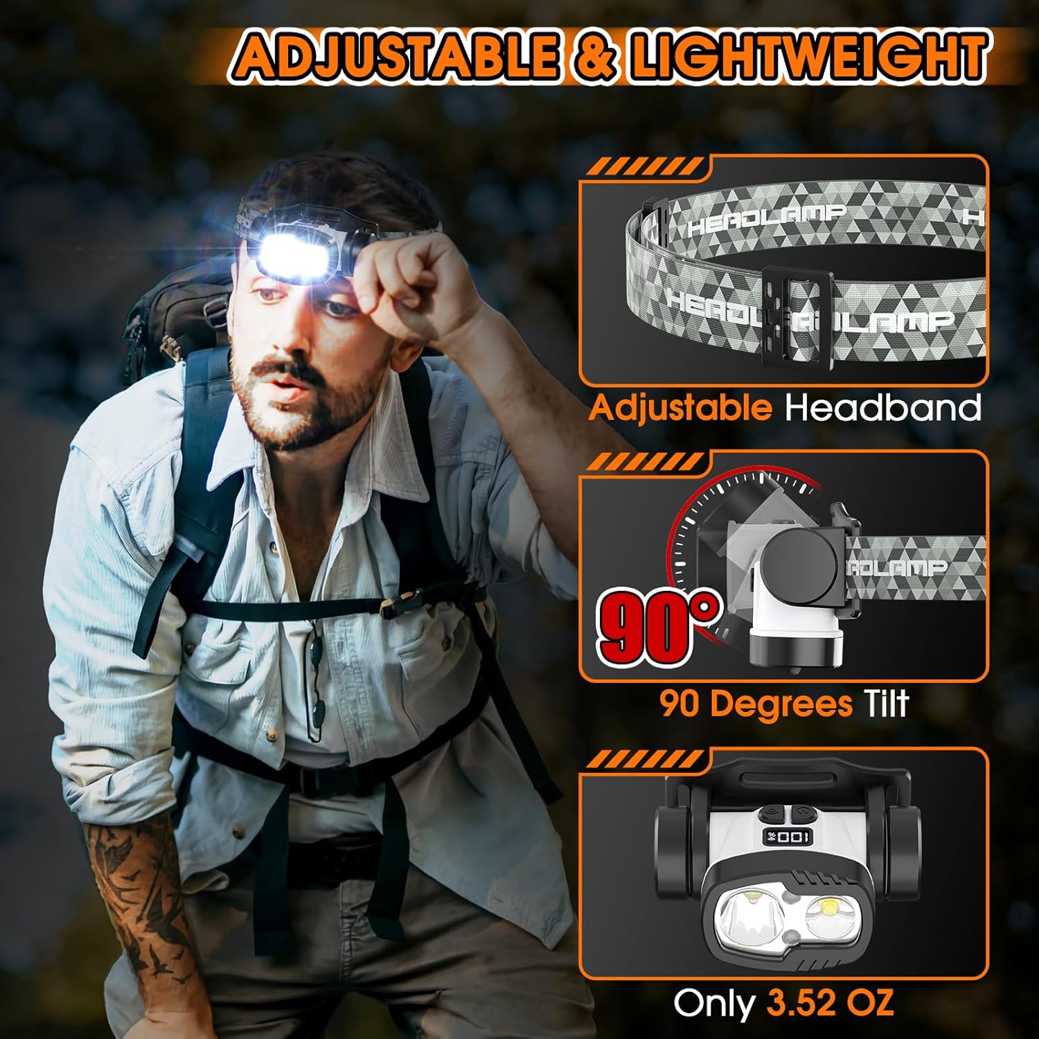 BOBKID Rechargeable LED Headlamp with 9 Modes and Motion Sensor