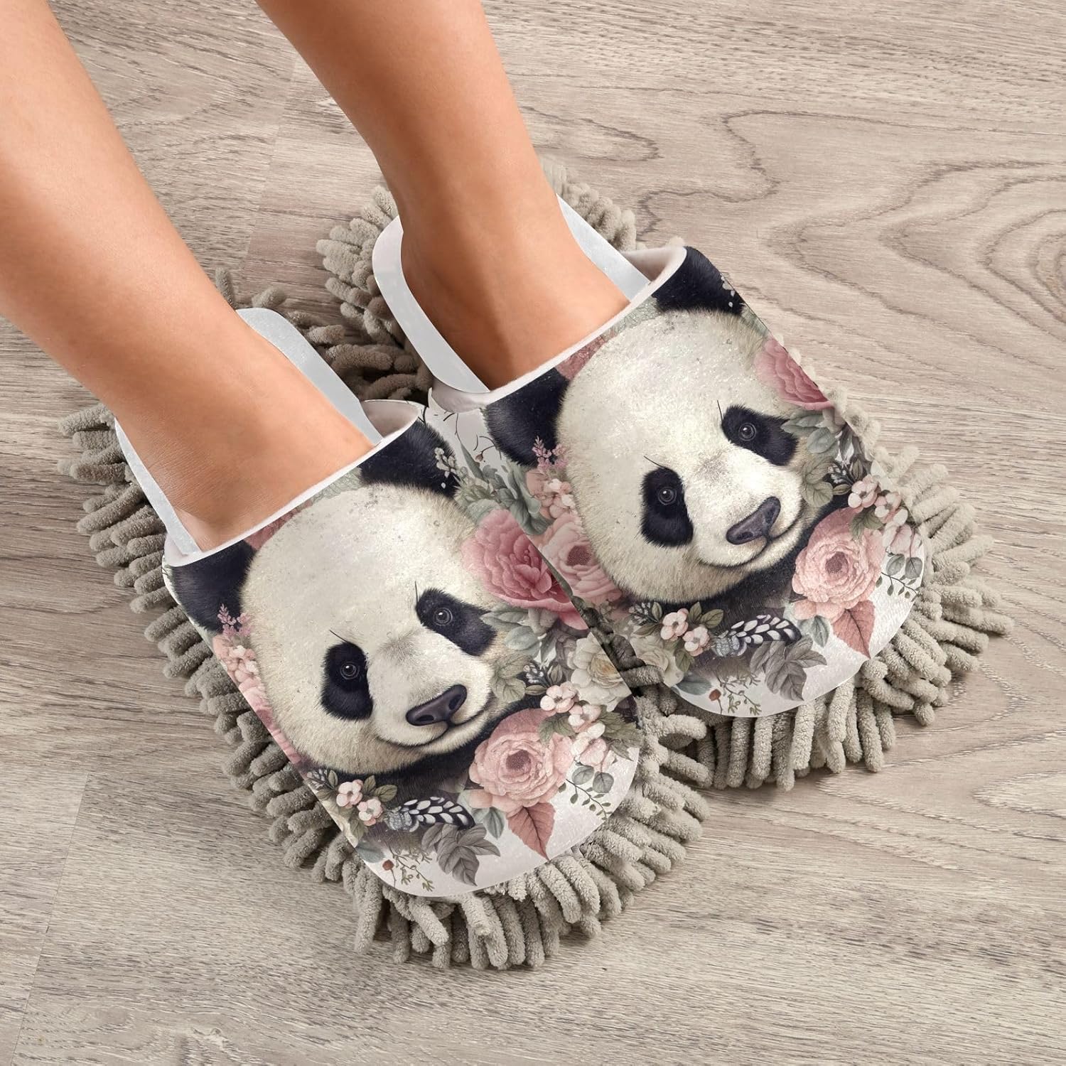 RunningBear White Flowers Panda Mop Slippers for Cleaning