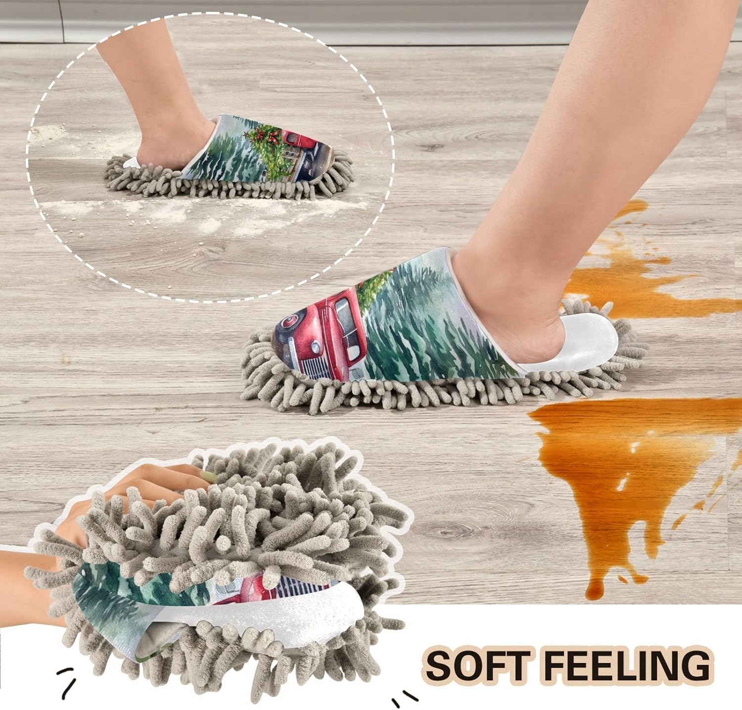 White Christmas Truck Tree Mop Slippers - Soft Hypoallergenic Easy to Clean