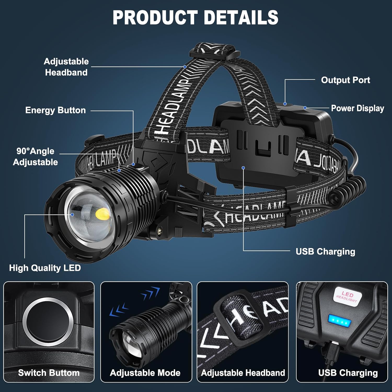 Rechargeable Headlamp 990000 Lumens Waterproof