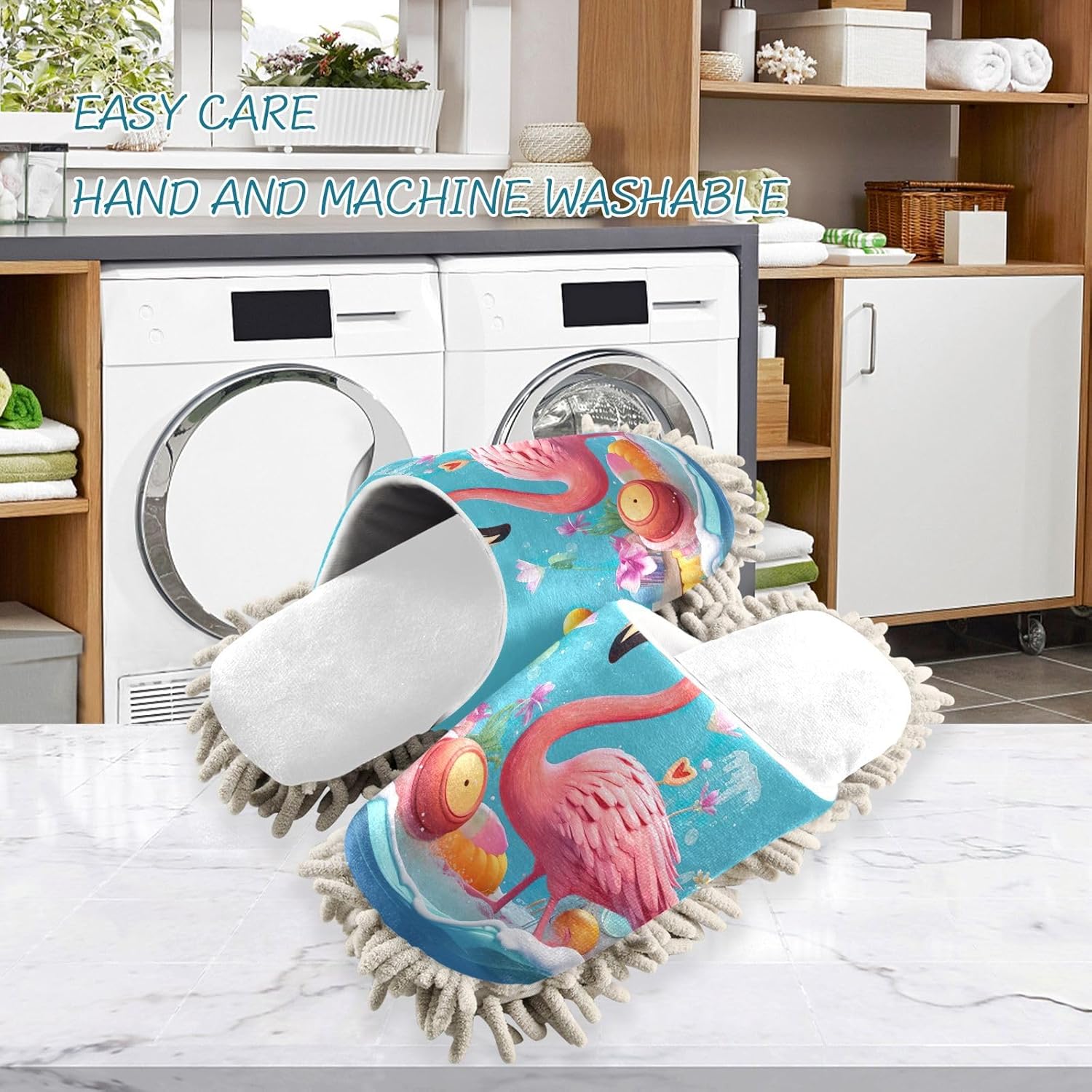 RunningBear White Beach Flamingo Mop Slippers for Home