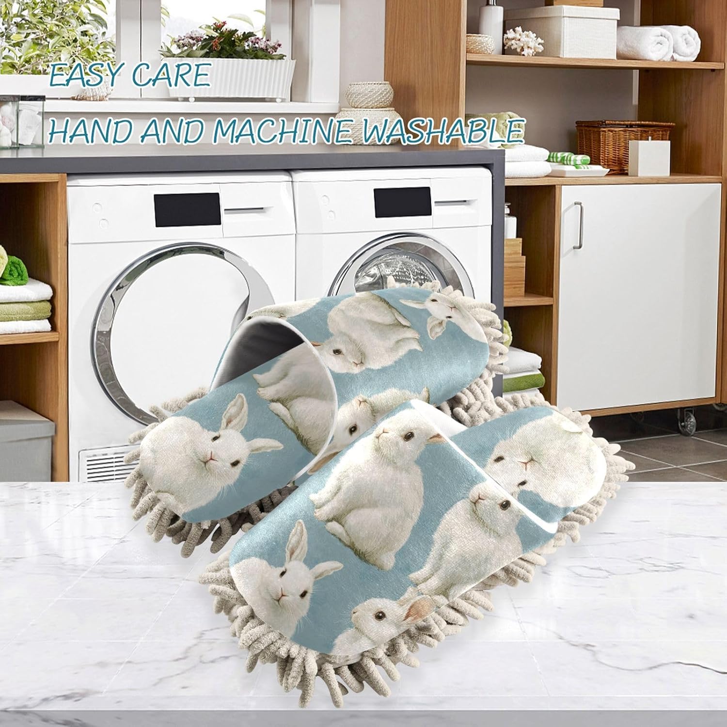 White Rabbits Microfiber Mop Slippers Washable Cleaning Shoes for Men Women