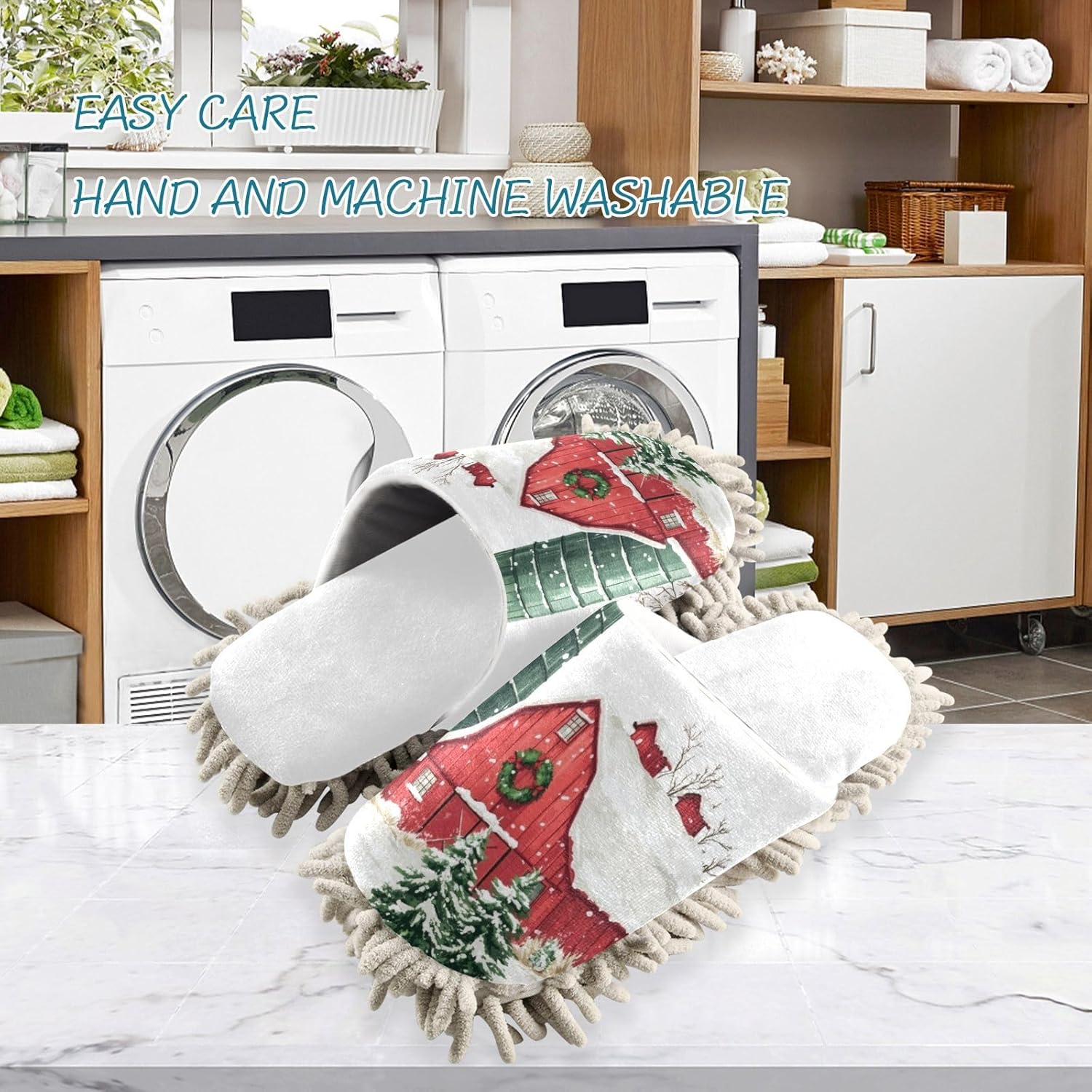 Cozy Red Farmhouse Mop Slippers