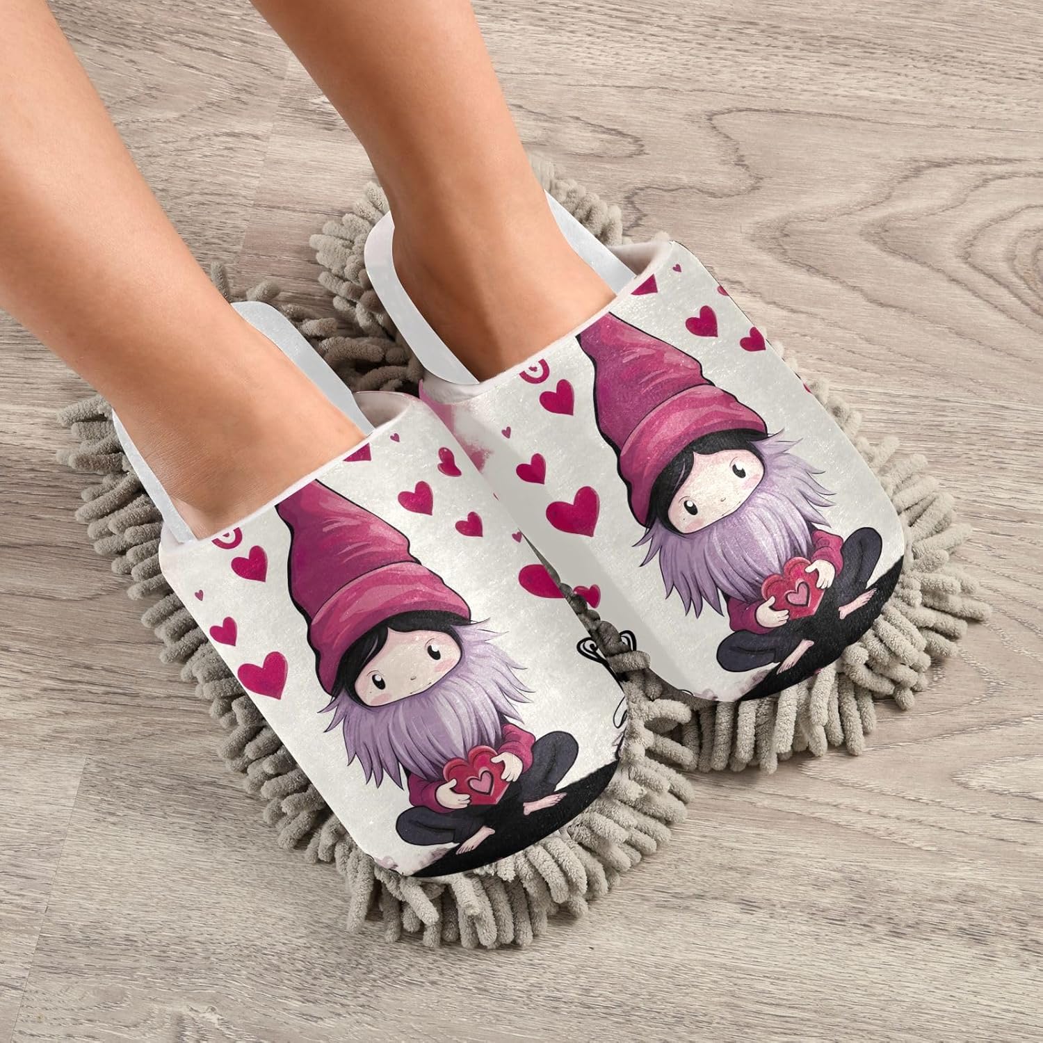White Gnome Valentine Hearts Mop Slippers Soft Absorbent for Clean Home