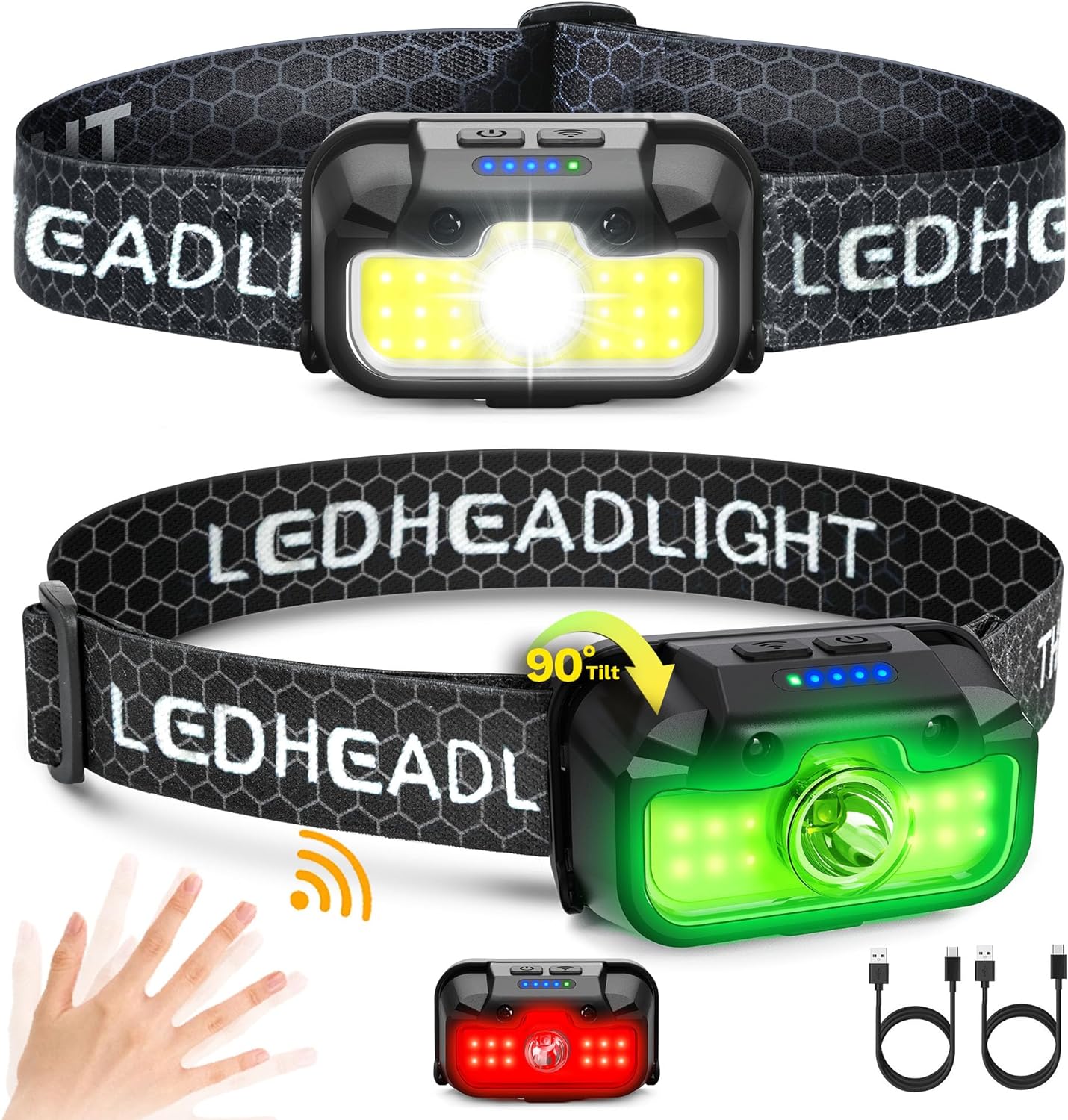 Favorlite Headlamp Rechargeable 2-Pack 1300 Lumen White