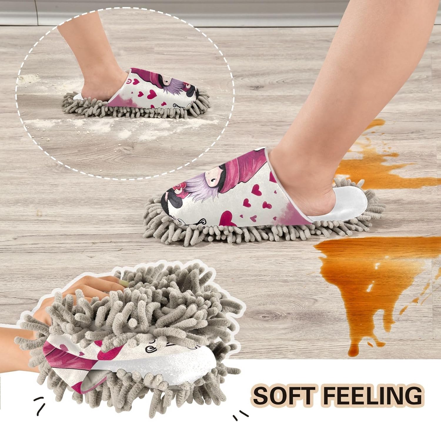 White Gnome Valentine Hearts Mop Slippers Soft Absorbent for Clean Home
