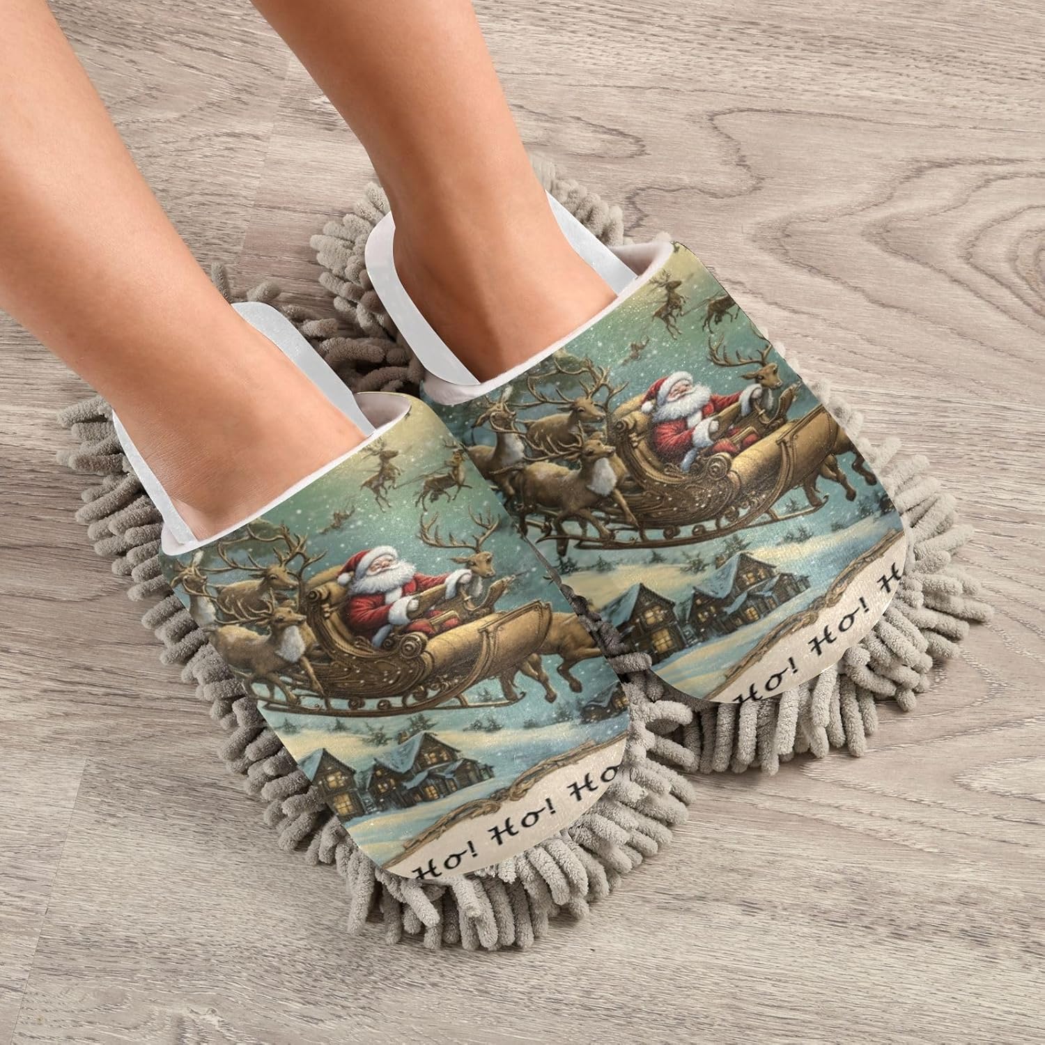 Merry Christmas Fun Cozy Santa Slippers for Wood Floor Dusting