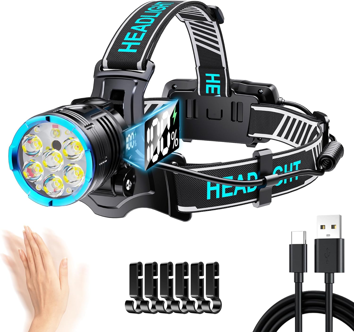300000 LM Red Light Headlamp 7 Modes IP67 Waterproof