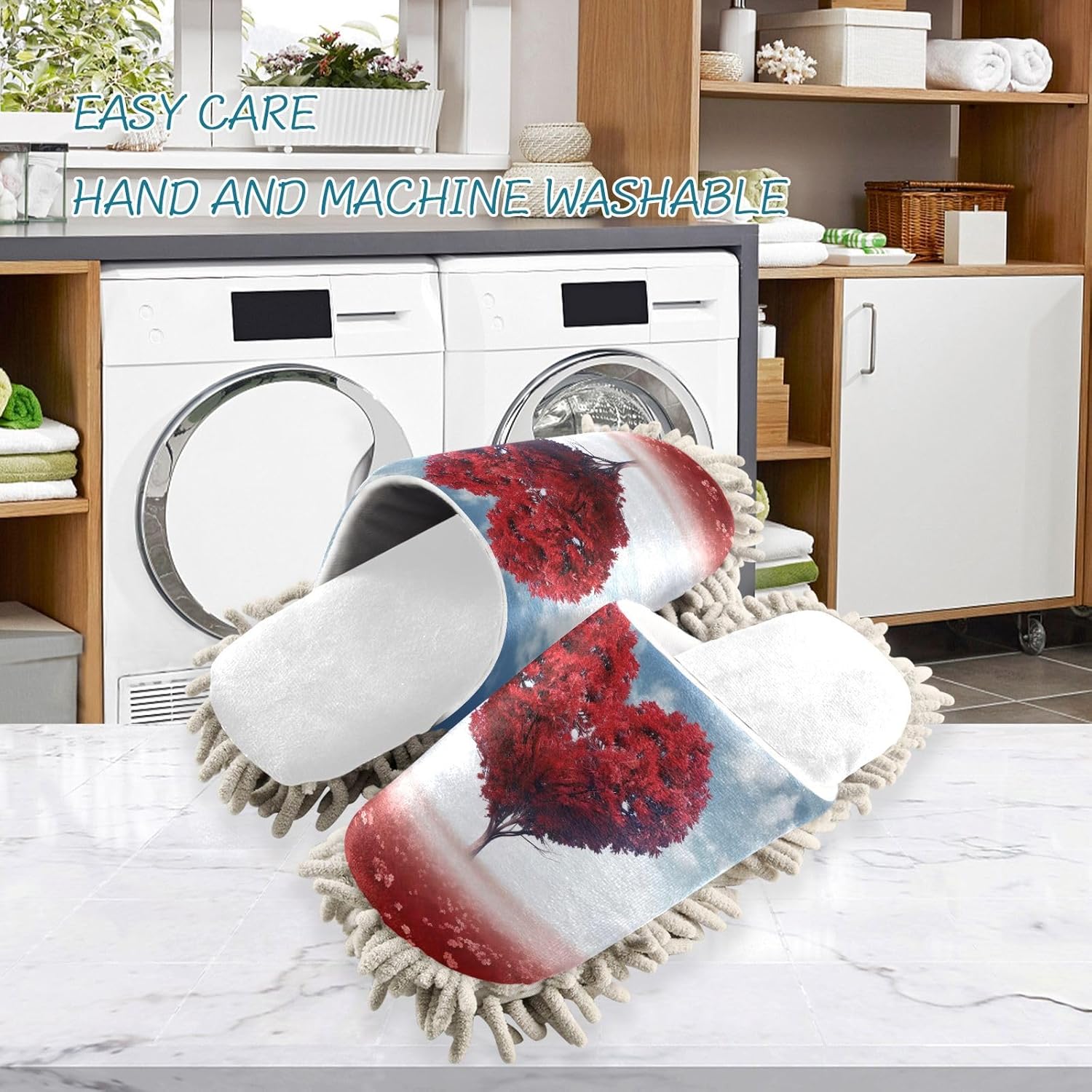 White Valentines Red Heart Tree Mop Slippers