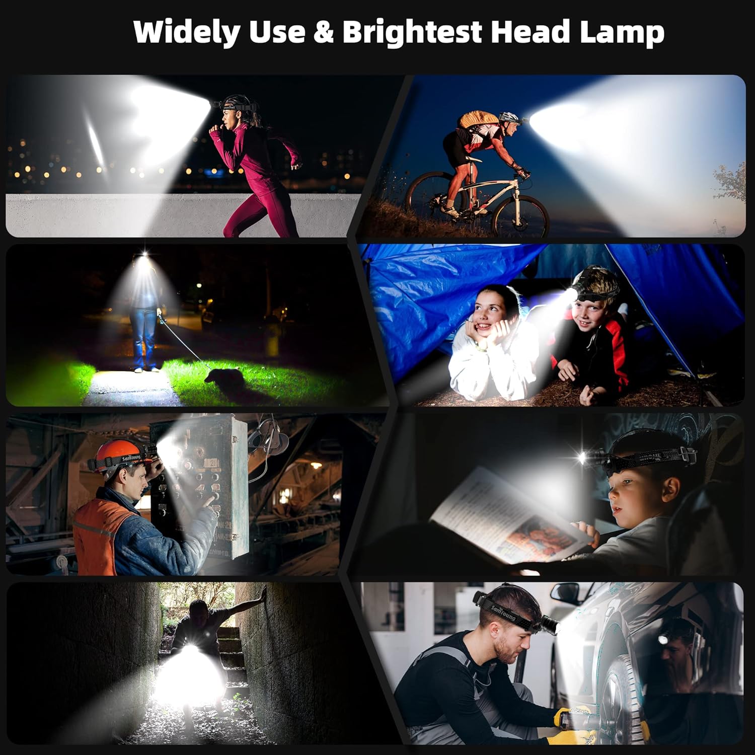 100000 LM LED Headlamp 7 Modes IP67 Waterproof 50h Battery Life 90 Adjustable