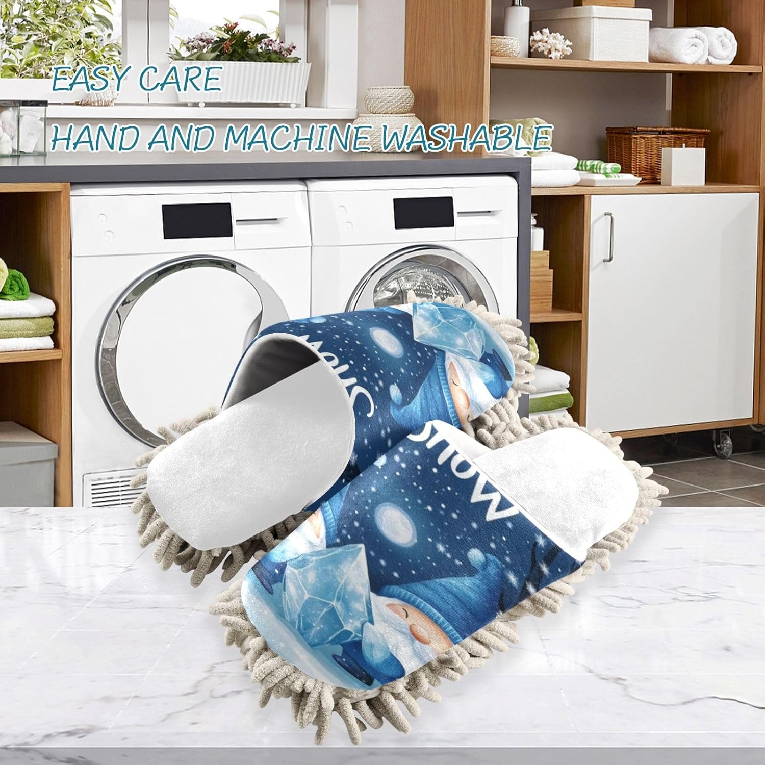 White Christmas Blue Gnomes Mop Slippers for Home Cozy Water-Friendly