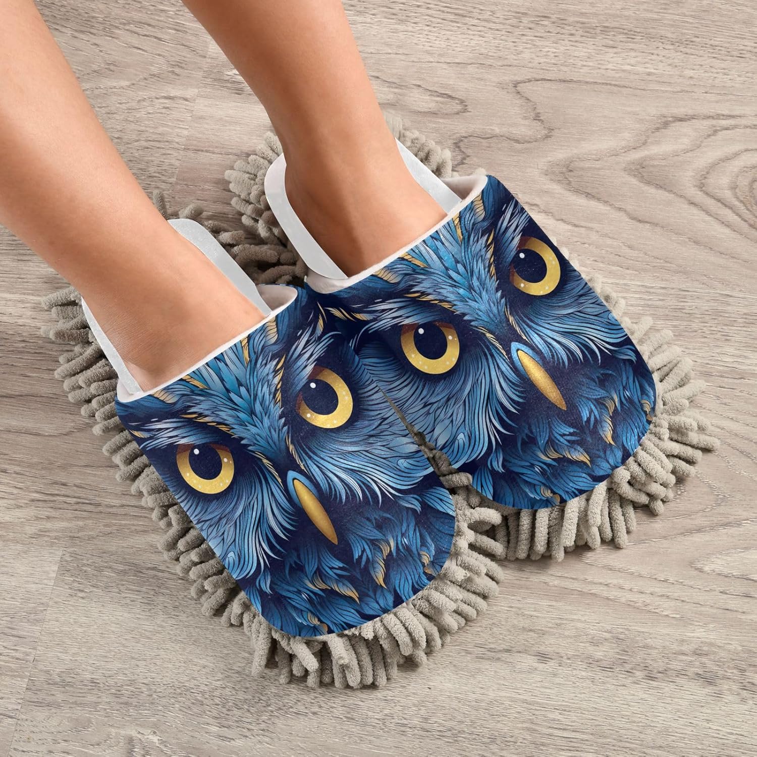 White Blue Owl Face Mop Slippers for Home and Office