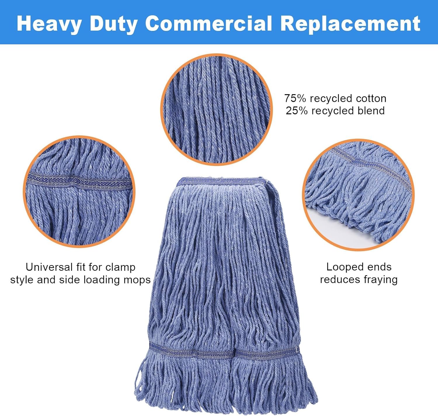 3-Piece Heavy Duty Mop Heads Blue Cotton Replacement Commercial Grade