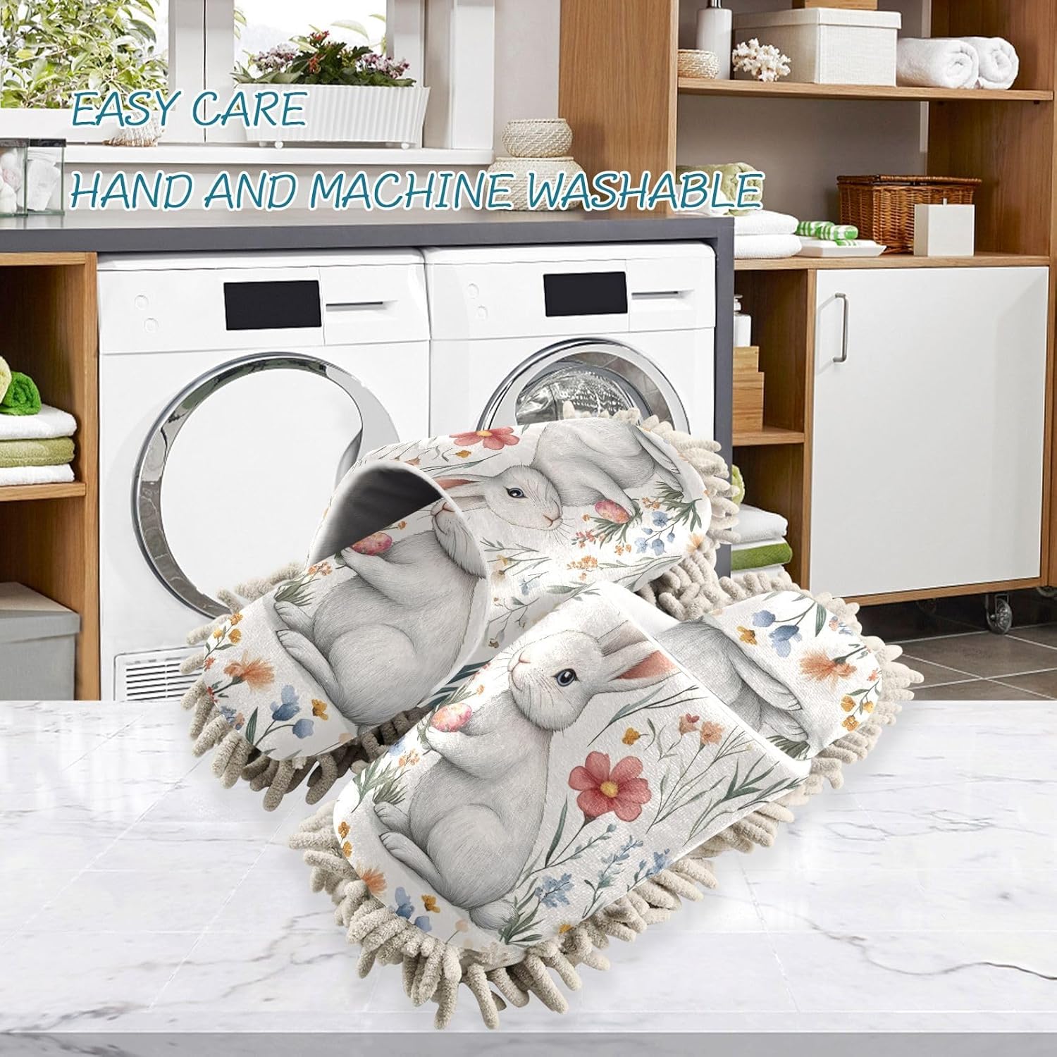 FLildon Microfiber Mop Slippers with Wildflowers and Rabbit Design