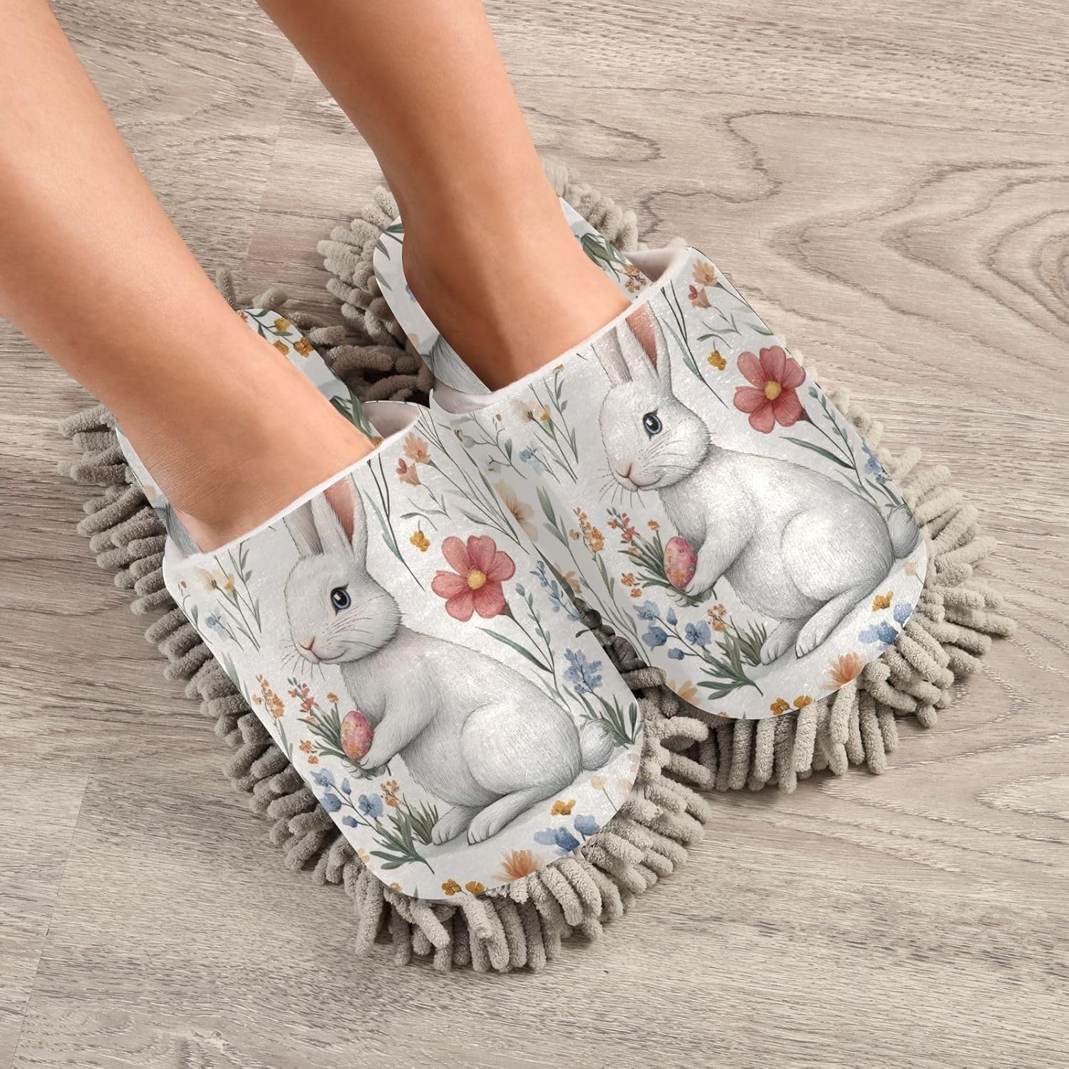 FLildon Microfiber Mop Slippers with Wildflowers and Rabbit Design