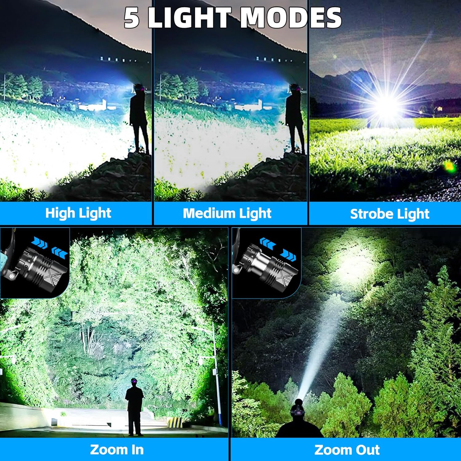 990000 Lumens Rechargeable LED Headlamp with 5 Modes