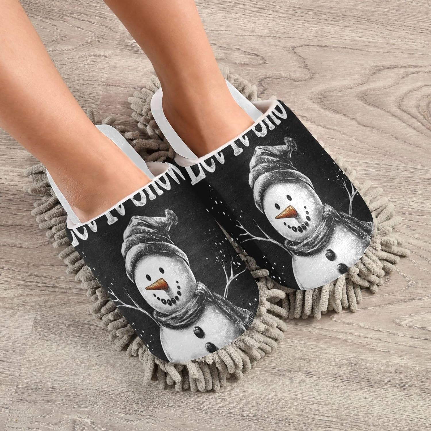 White Black Snowman Christmas Mop Slippers